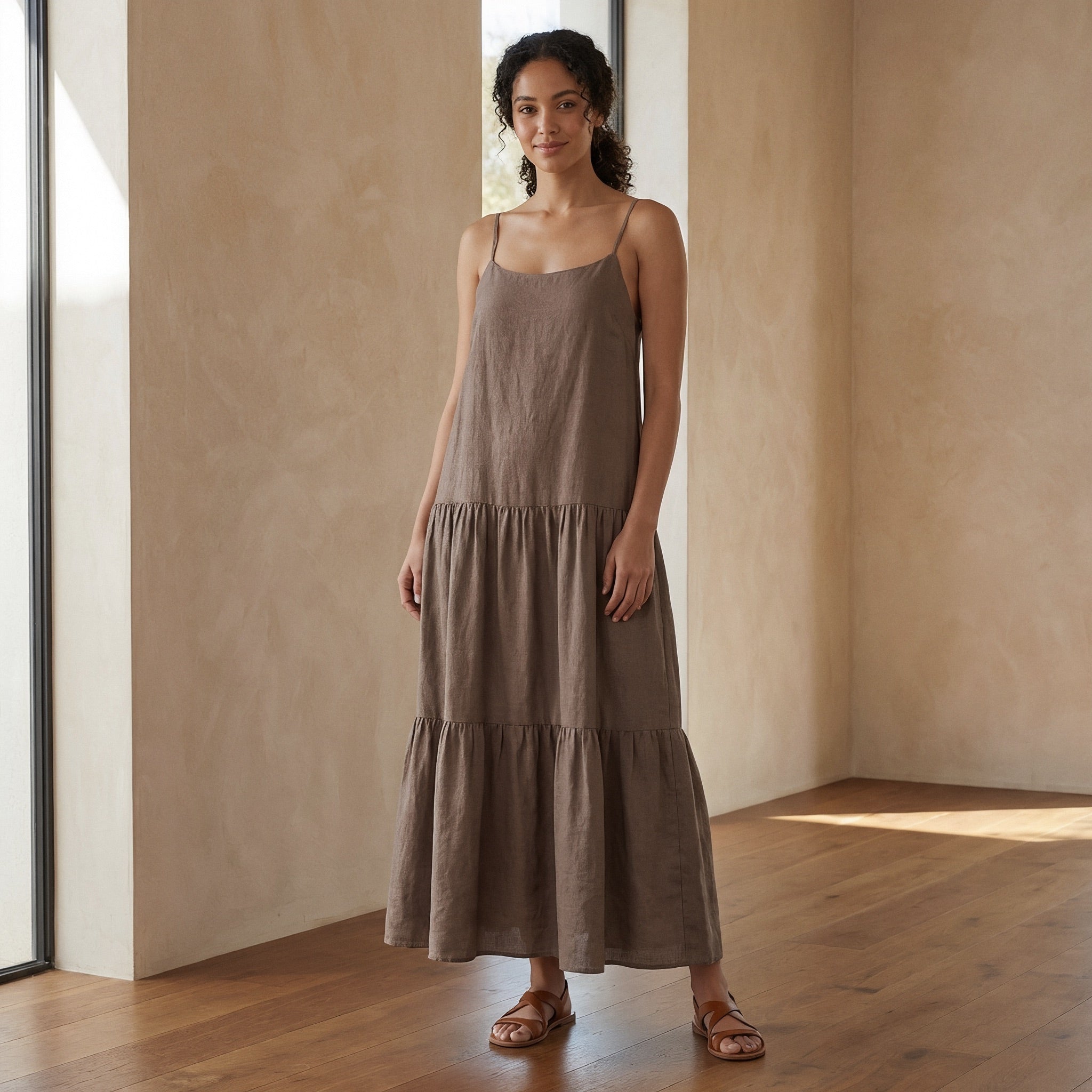 Brown Cotton Linen Drop-Waist Camisole Maxi Tier Dress 70