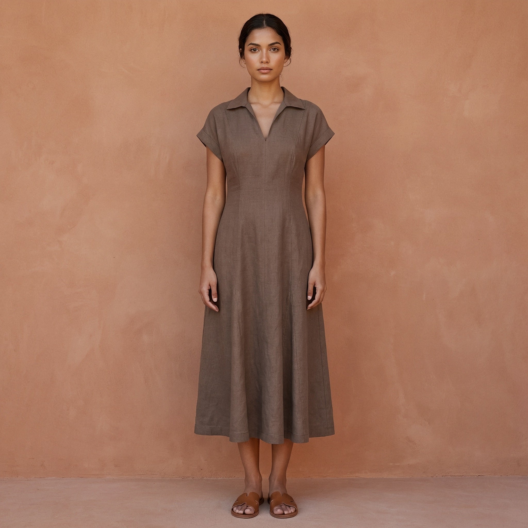 Brown Cotton Linen Paneled A-Line Midi Dress 68