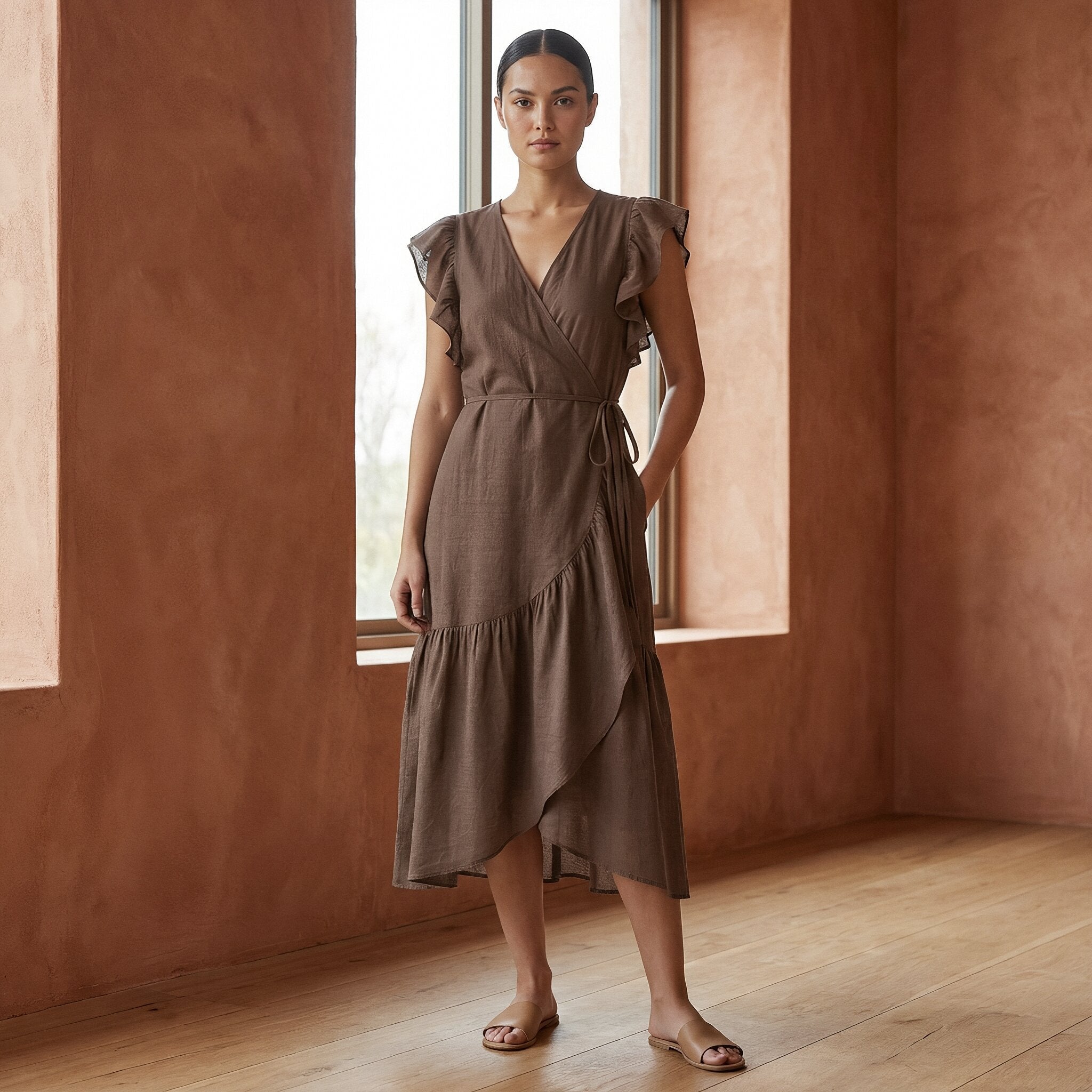 cotton linen wrap dress Brown Cotton Linen Ruffle Midi Wrap Dress 30