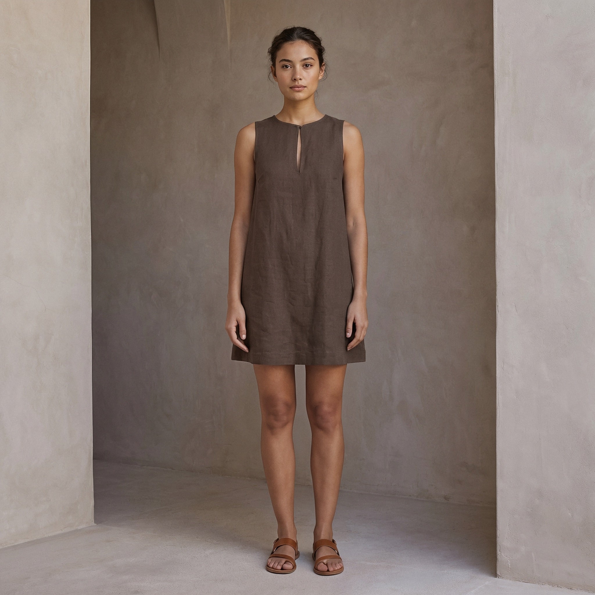 linen a line shift dress Brown Cotton Linen Sleeveless A-Line Short Shift Dress 66