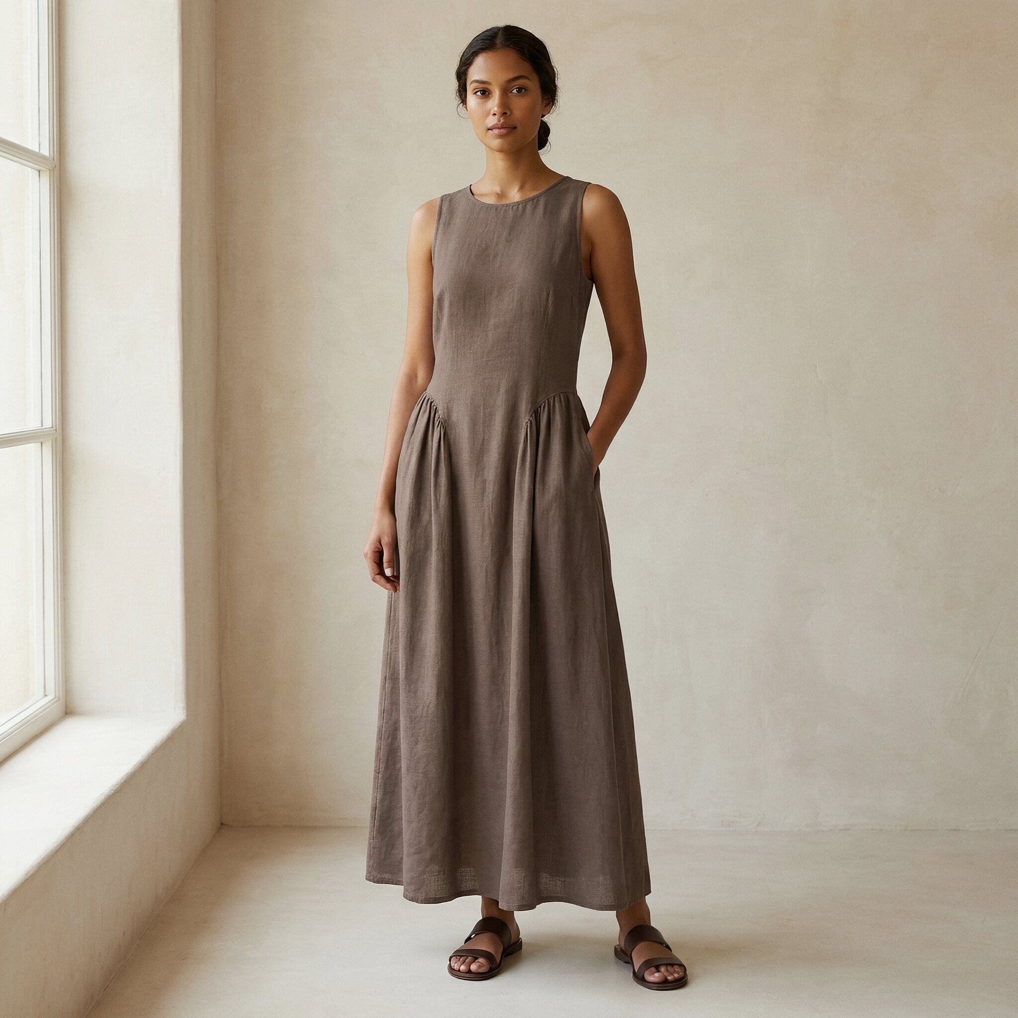 Buy Brown Cotton Linen Sleeveless Paneled Maxi Dress Online at SeamsFriendly