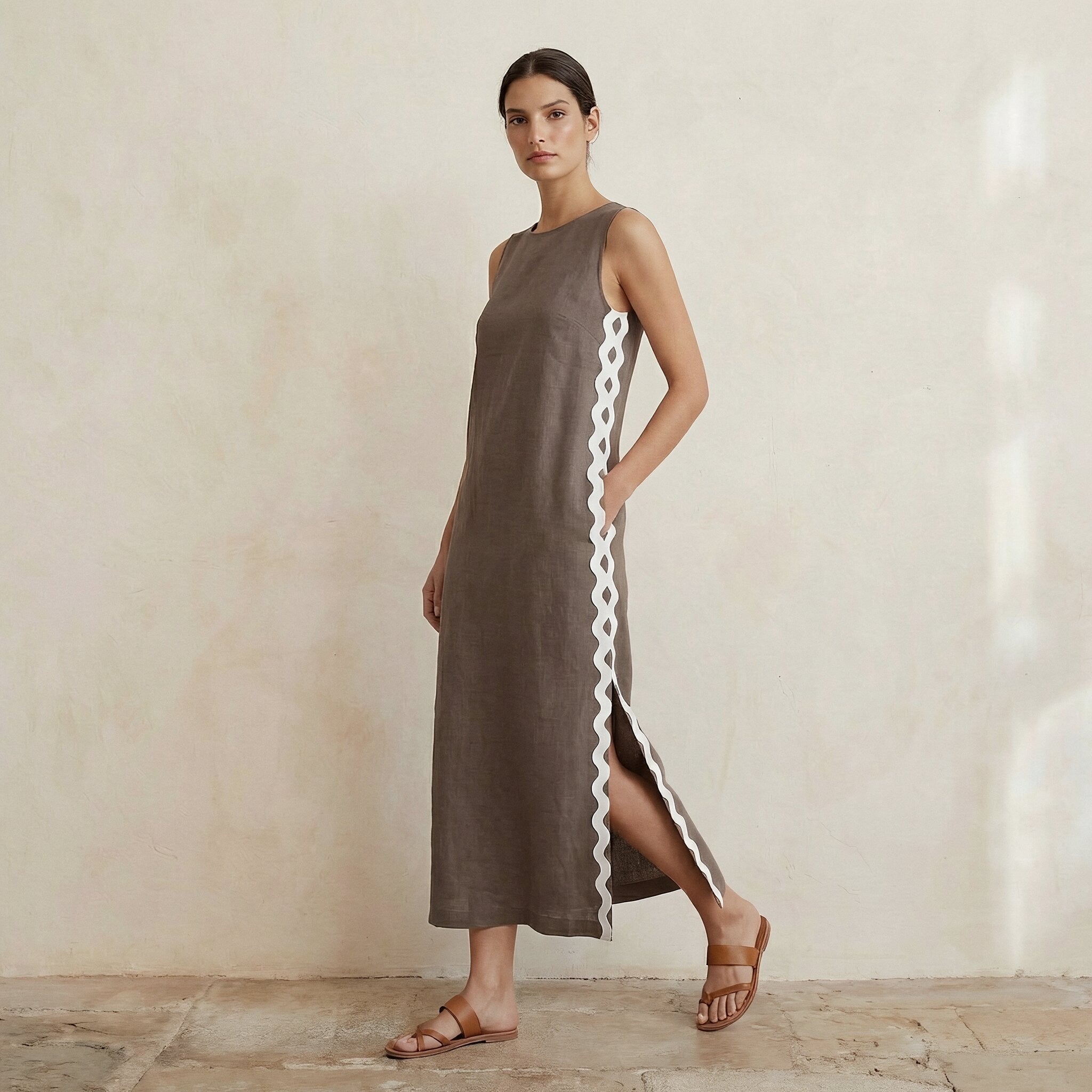 Brown Cotton Linen Wavy Stripe Maxi Shift Dress 66