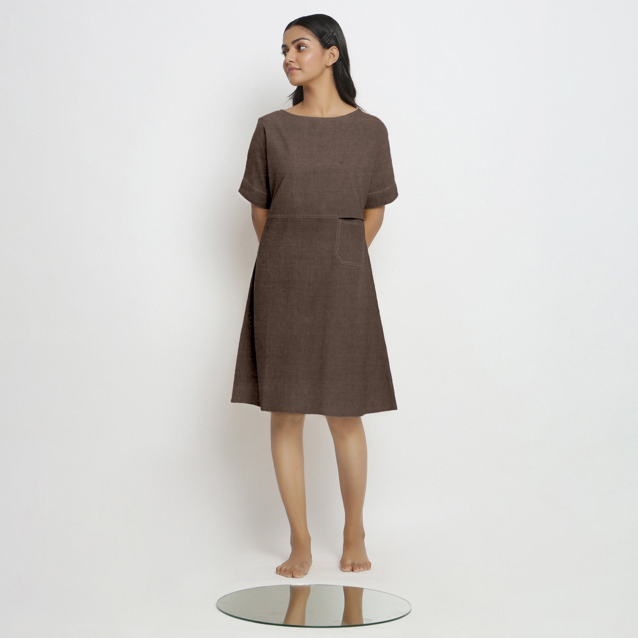 Brown Cotton Linen Yoked Knee Length Shift Dress 26" / Tall (5'7" and above) Brown Cotton Linen Yoked Knee Length Shift Dress 26" / Tall (5'7" and above)