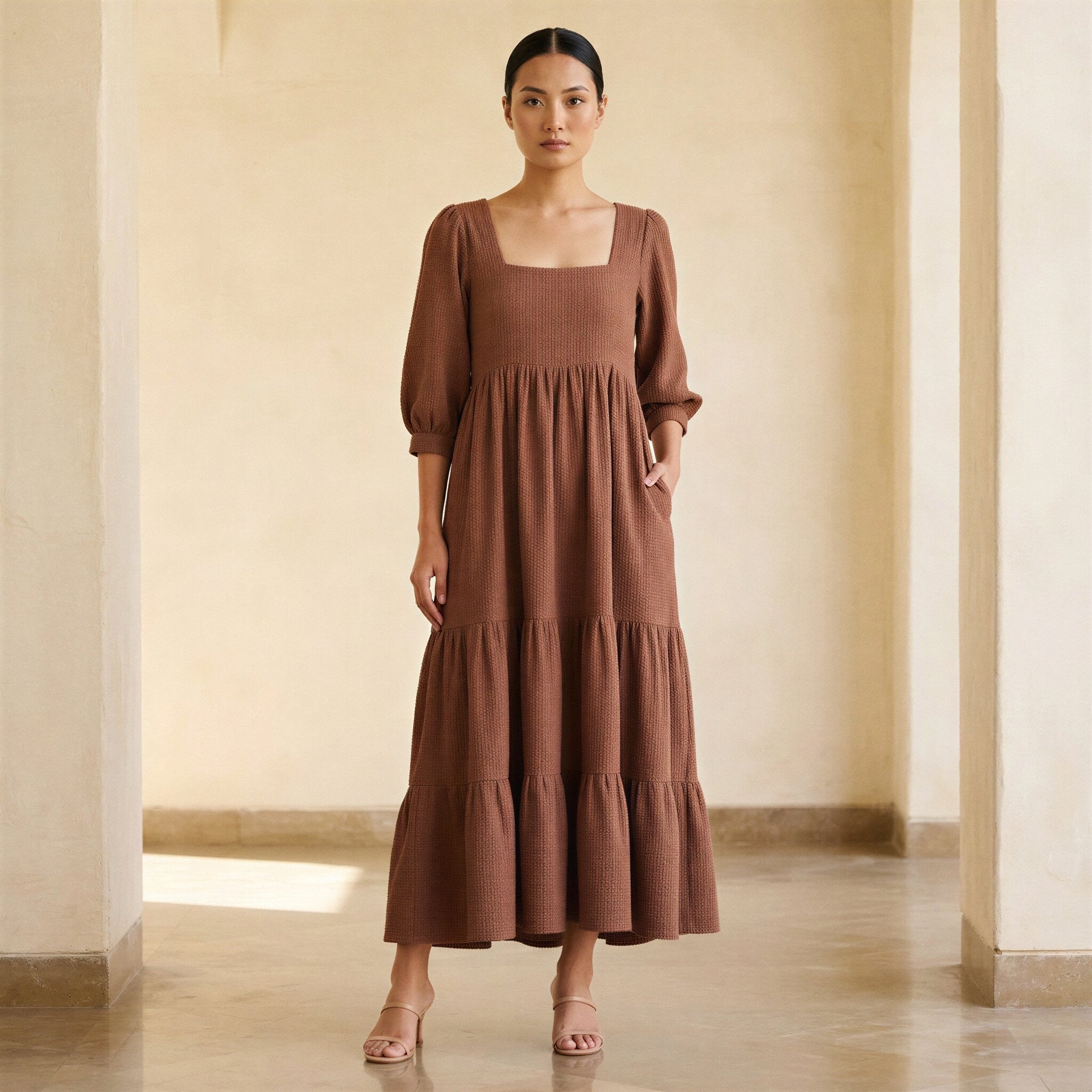 Buy Brown Cotton Waffle Square Neck Tiered Midi Dress Online at  SeamsFriendly