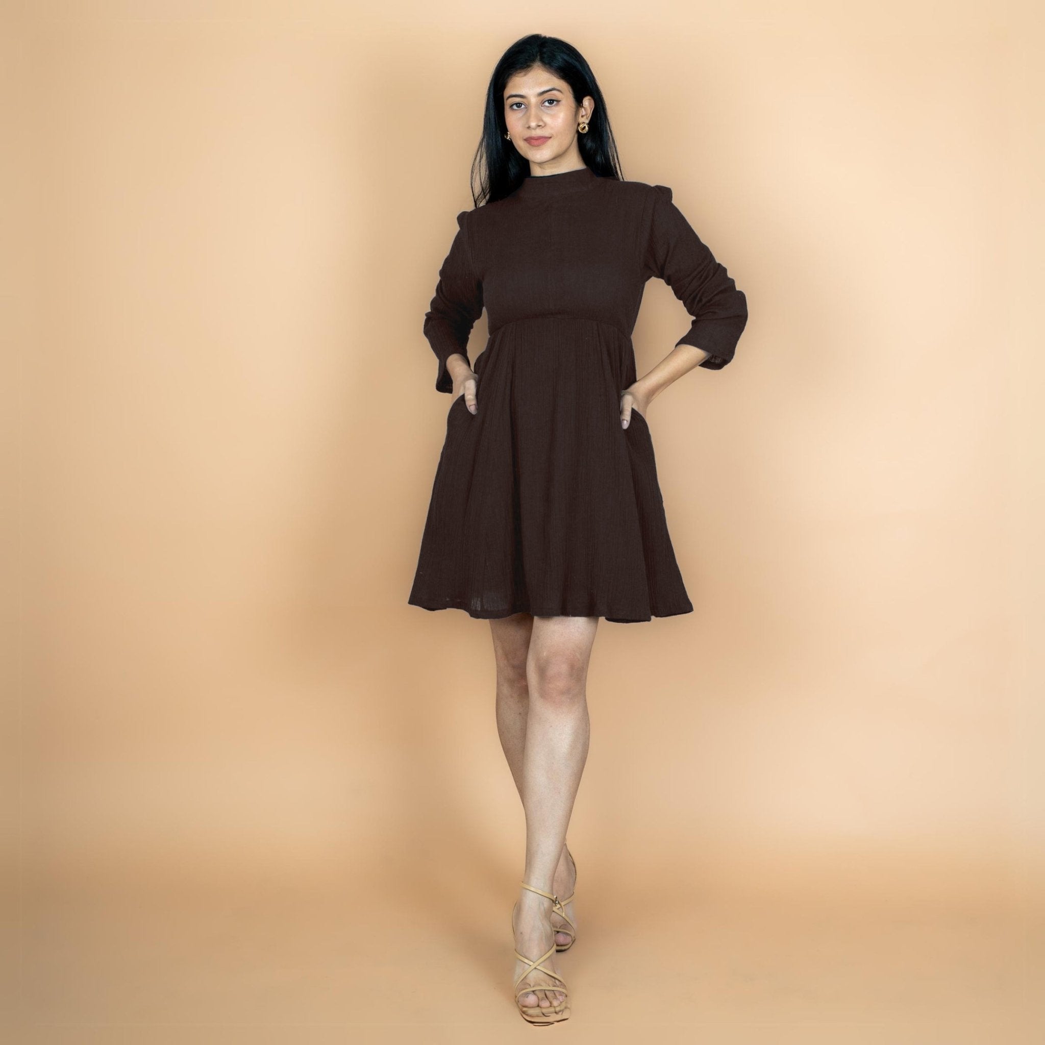 Buy Brown Crinkled Cotton Flax Fit and Flare Short Empire Dress Online at SeamsFriendly Buy Brown Crinkled Cotton Flax Fit and Flare Short Empire Dress Online at SeamsFriendly