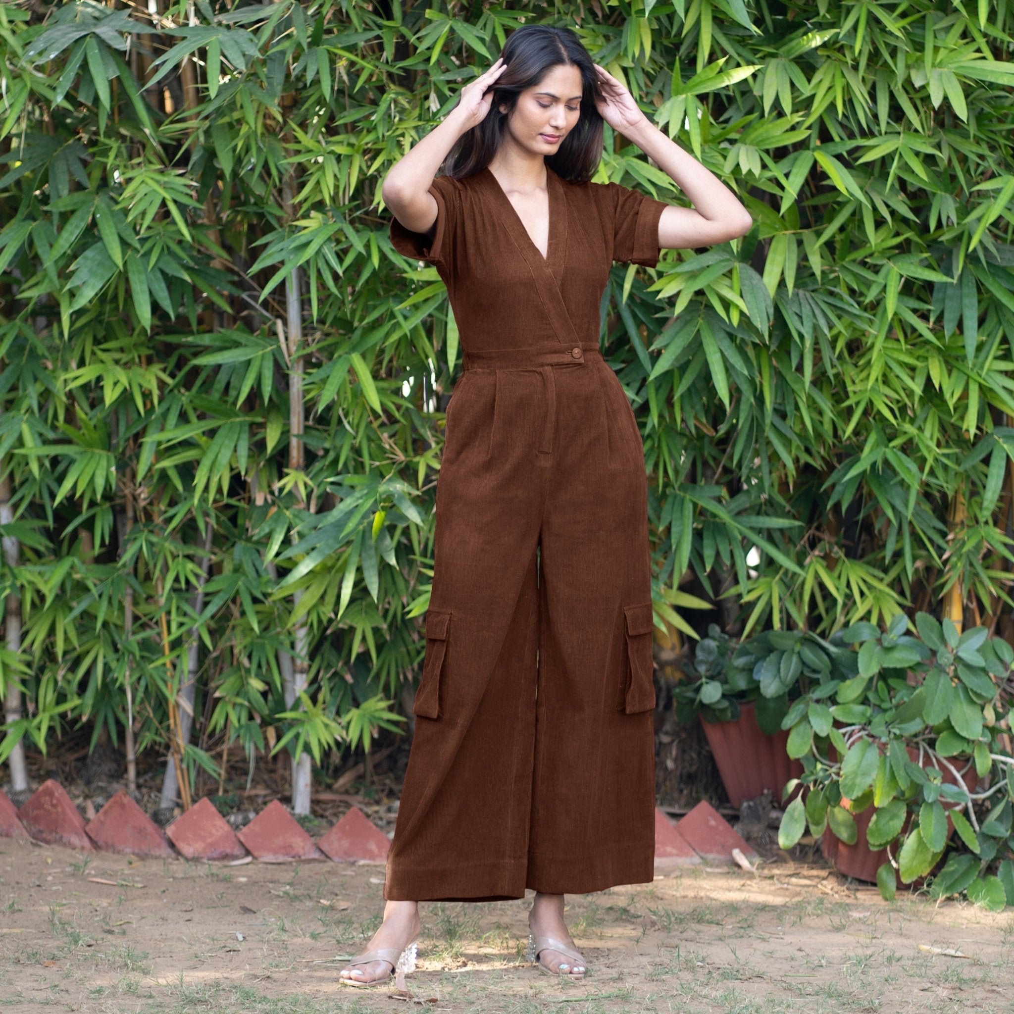 Brown Warm Cotton Corduroy Wide Legged Wrap Cargo Jumpsuit 32