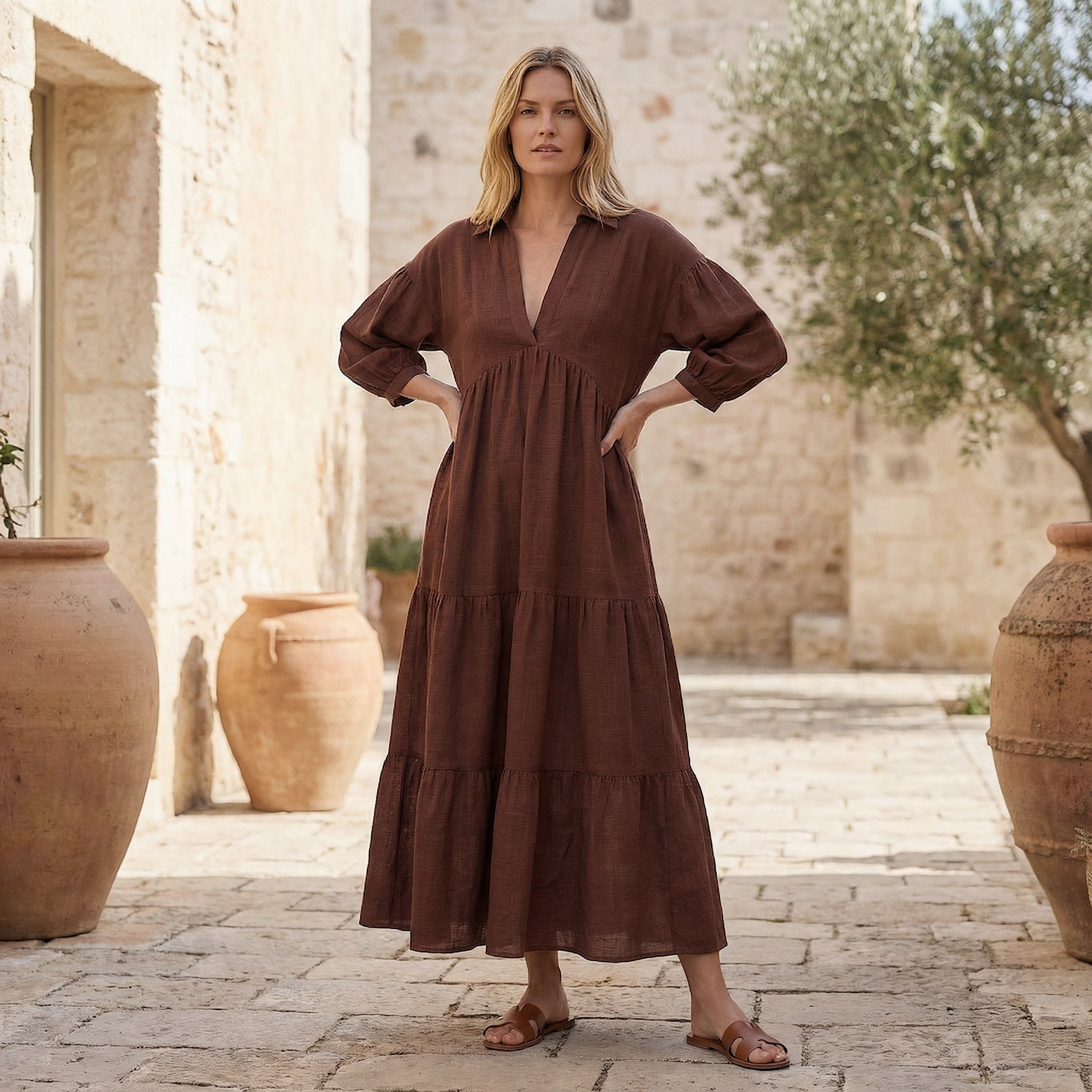 Burgundy 100% Cotton Deep-V Maxi Tier Dress 40" / Custom Height (Free) Burgundy 100% Cotton Deep-V Maxi Tier Dress 40" / Custom Height (Free)