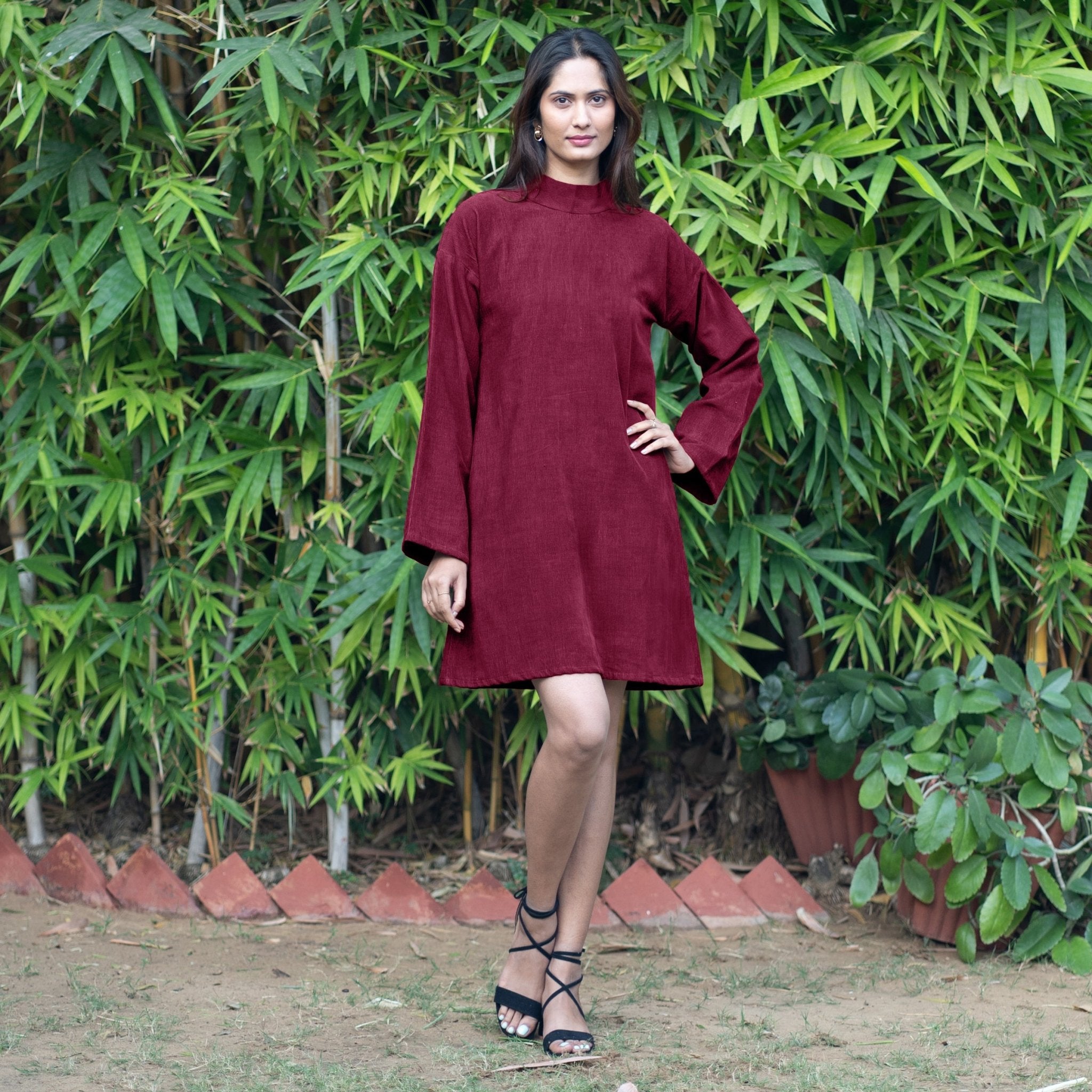 Burgundy Warm Cotton Corduroy A-Line Short Dress 54