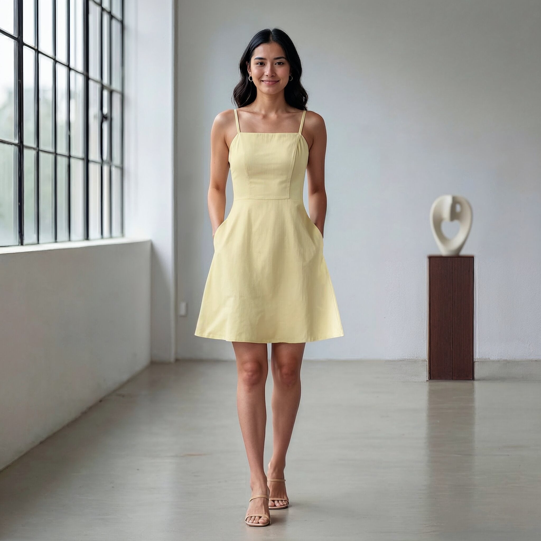 Butter Yellow 100% Cotton Fit and Flare Short Dress 38