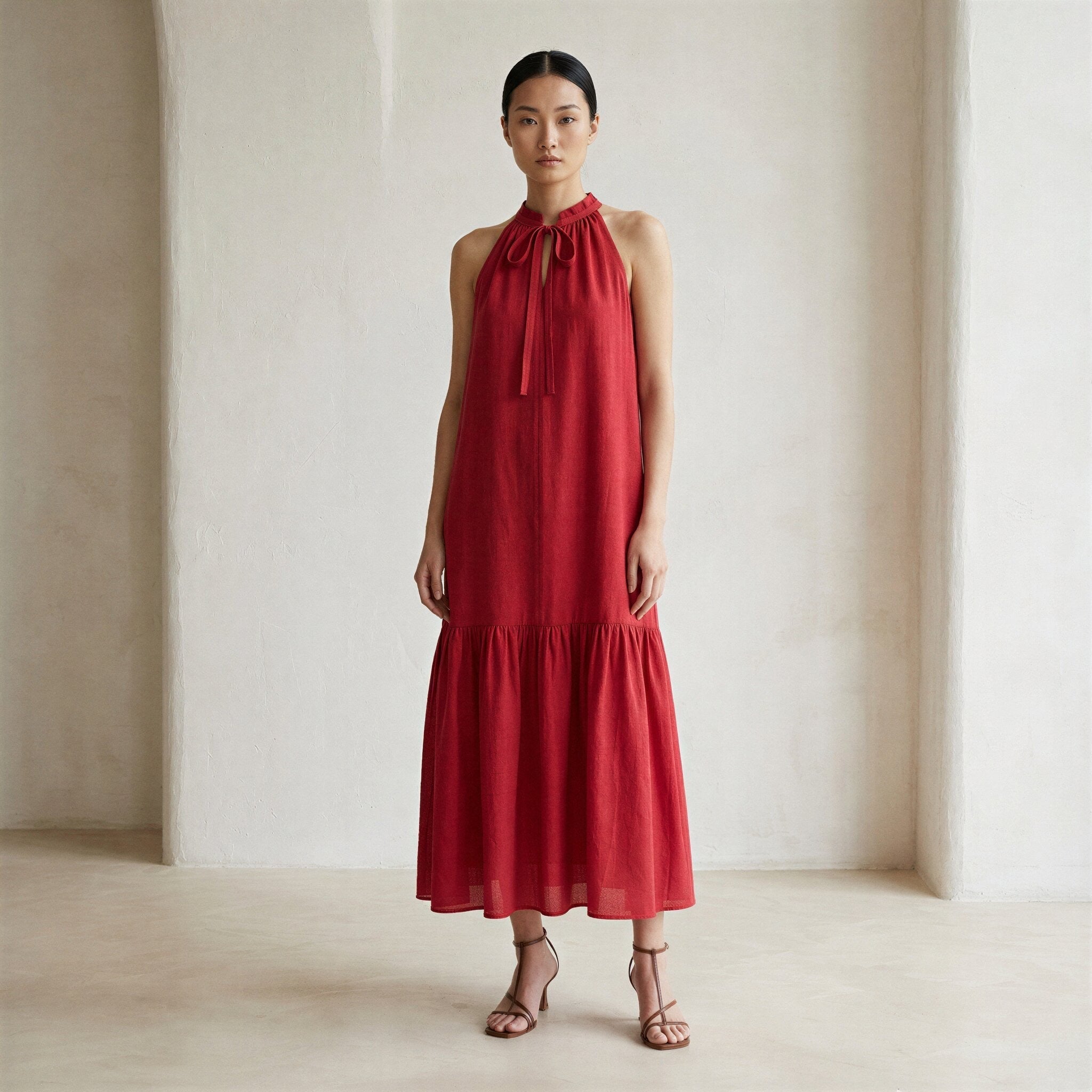 Cherry Red Cotton Halter-Neck Sleeveless Midi Tier Dress 44