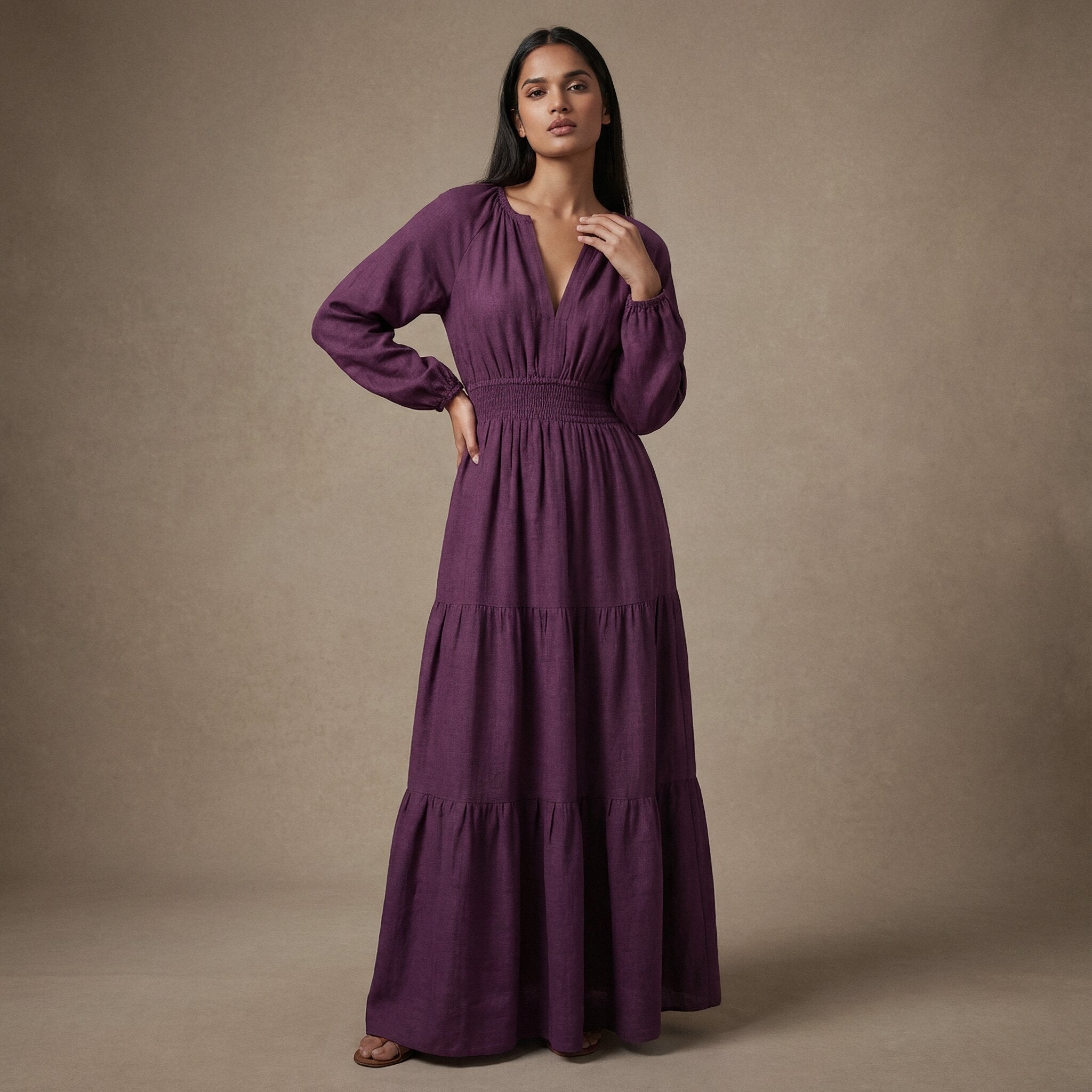 Deep Magenta Yarn-Dyed Cotton Floor Length Fit and Flare Tier Dress 38