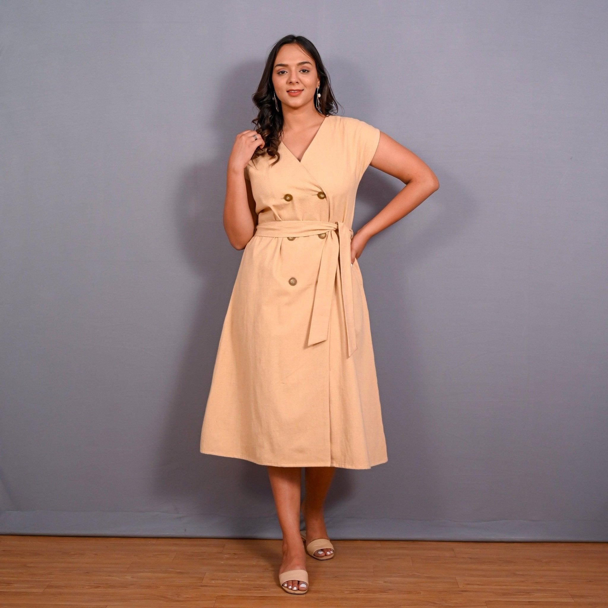 chinese dress ladies Dusk Beige Warm Cotton Flannel Button-Down A-Line Midi Dress 56