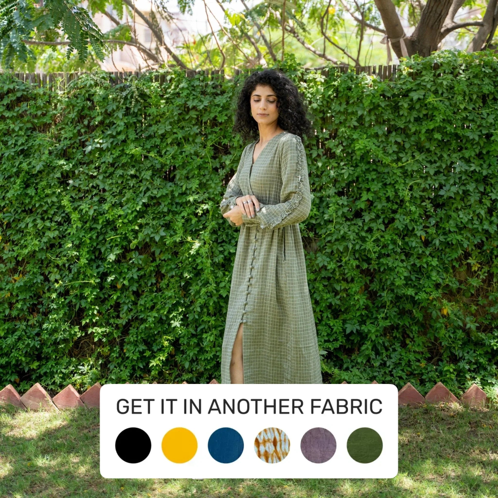 Ecru and Sap Green Crinkled Cotton Front Slit Boho Dress Ecru and Sap Green Crinkled Cotton Front Slit Boho Dress