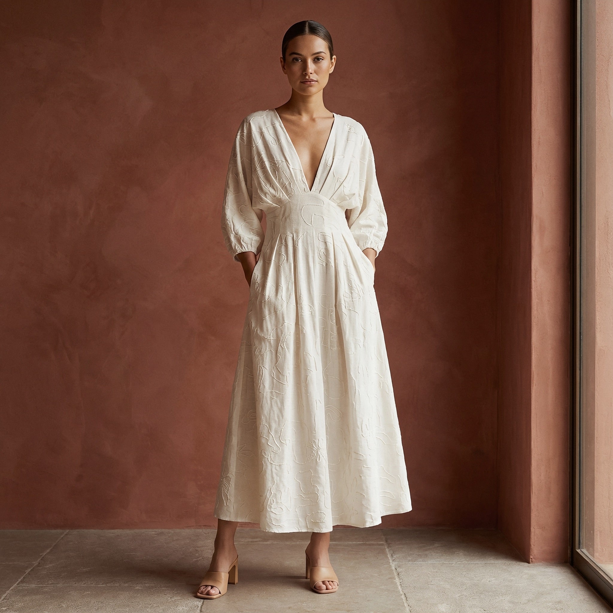 Ecru Embroidered Cotton Deep-V Neck Empire Waist Maxi Dress 34" / Tall (5'7" and above) Ecru Embroidered Cotton Deep-V Neck Empire Waist Maxi Dress 34" / Tall (5'7" and above)