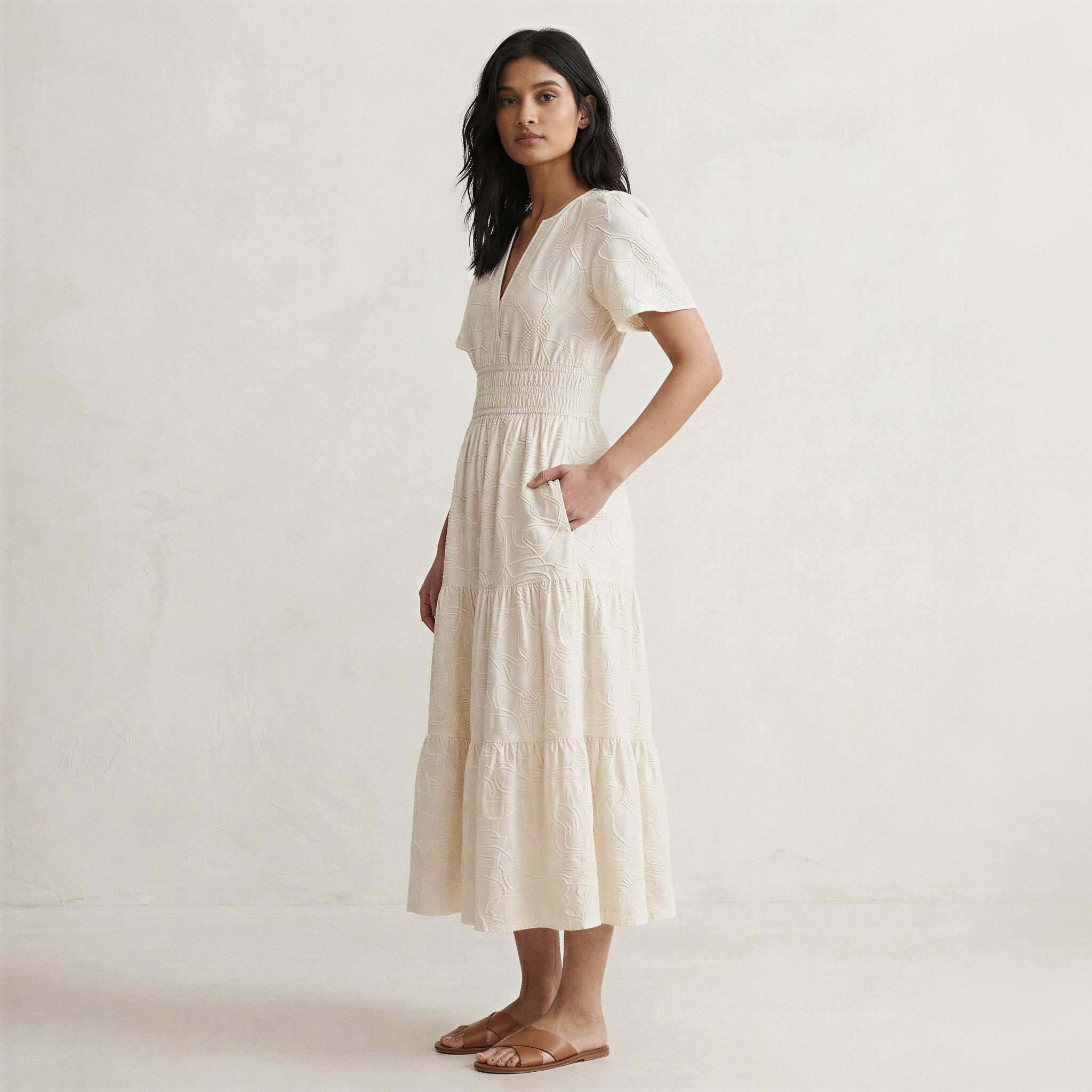 Ecru Embroidered Cotton Flutter Sleeve Tie-Back Tiered Midi Dress 56