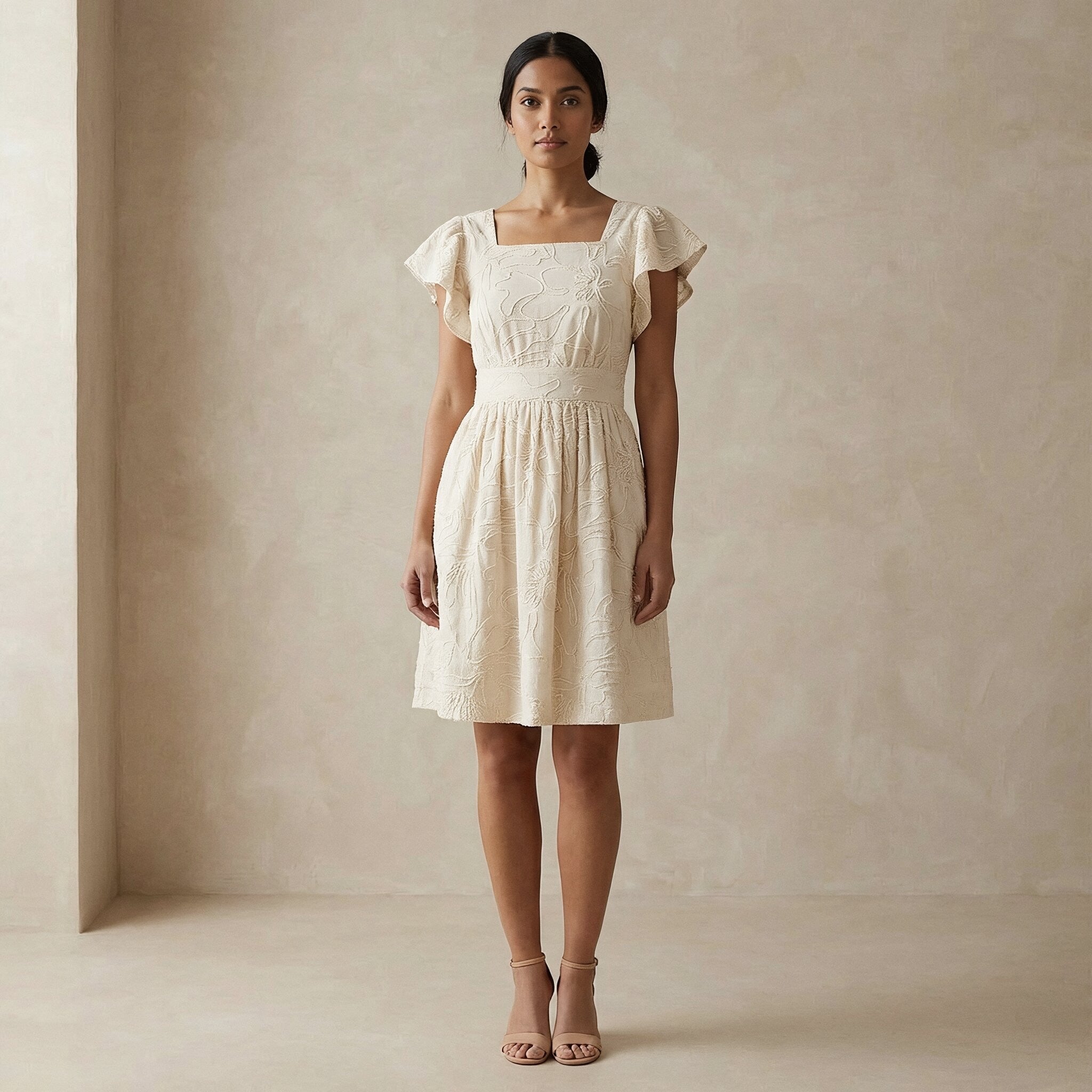 fit and flare embroidered dress Karen Kane Women's Flare Sleeve Embroidered Dress, Large, L, Cream With Navy, 100% Cotton
