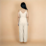Ecru Undyed Crinkled Cotton Flax V-Neck Strap Sleeve Jumpsuit