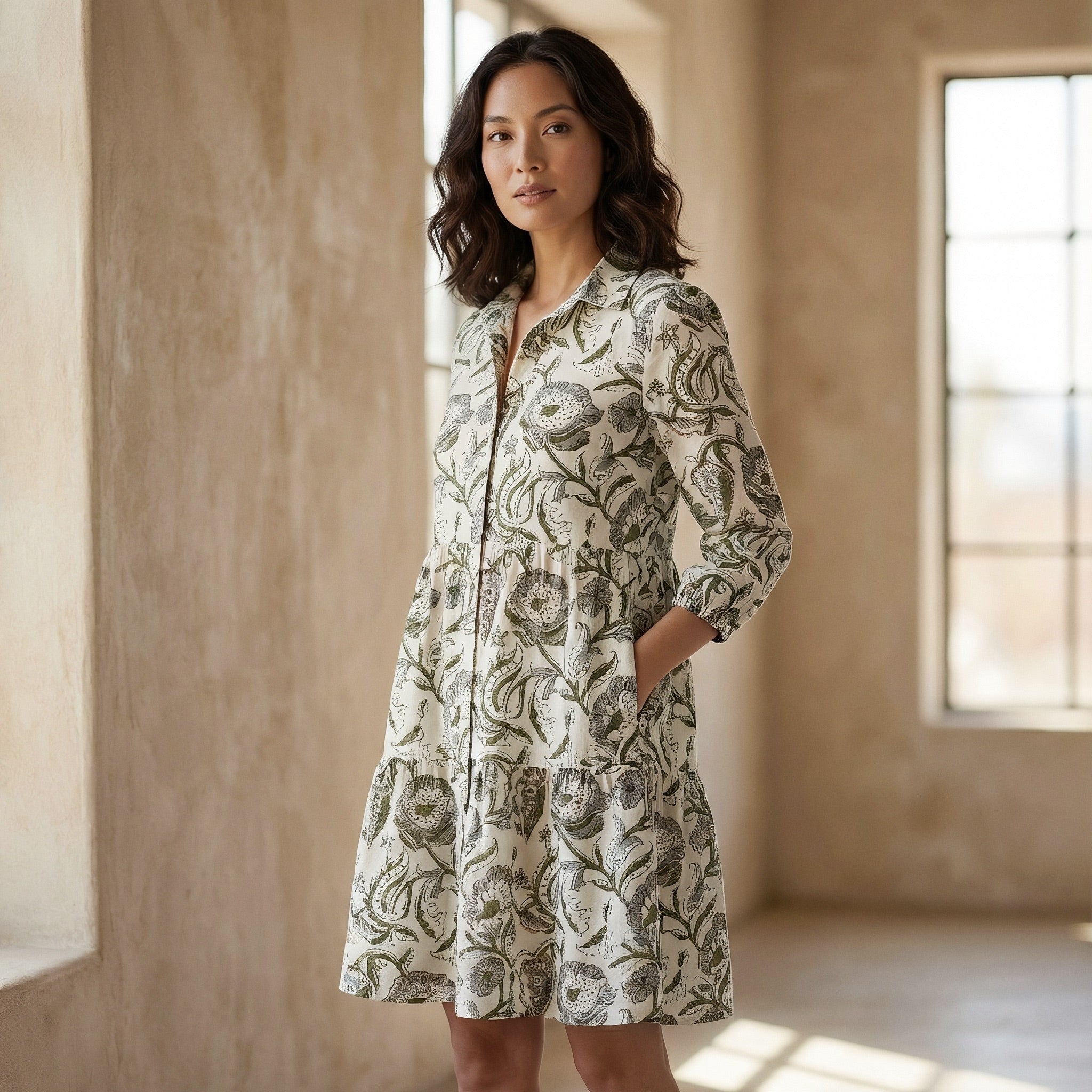 block print shirt dress Floral Block Printed Cotton Short Shirt Dress 64