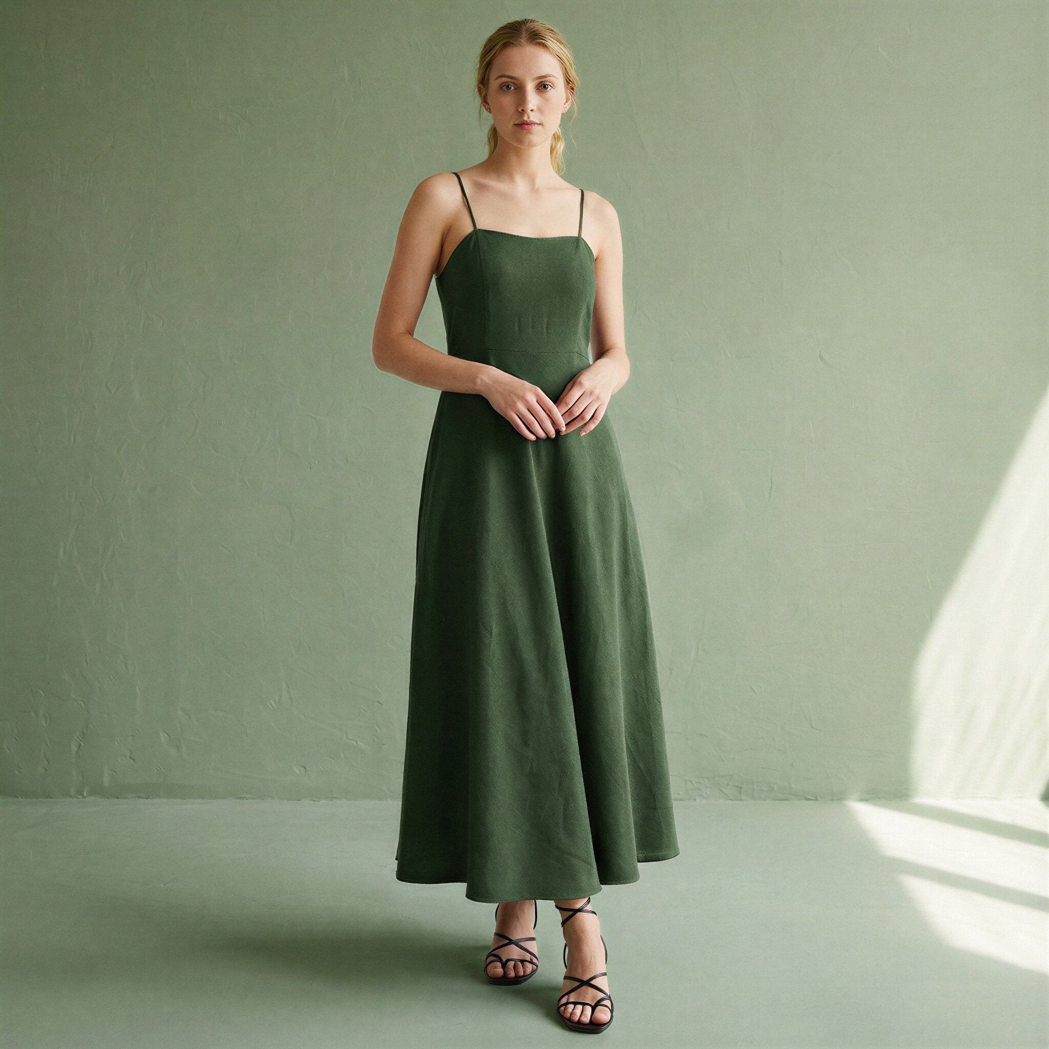 Forest Green Cotton Ankle Length Flared Sundress 50" / Tall (5'7" and above) Forest Green Cotton Ankle Length Flared Sundress 50" / Tall (5'7" and above)