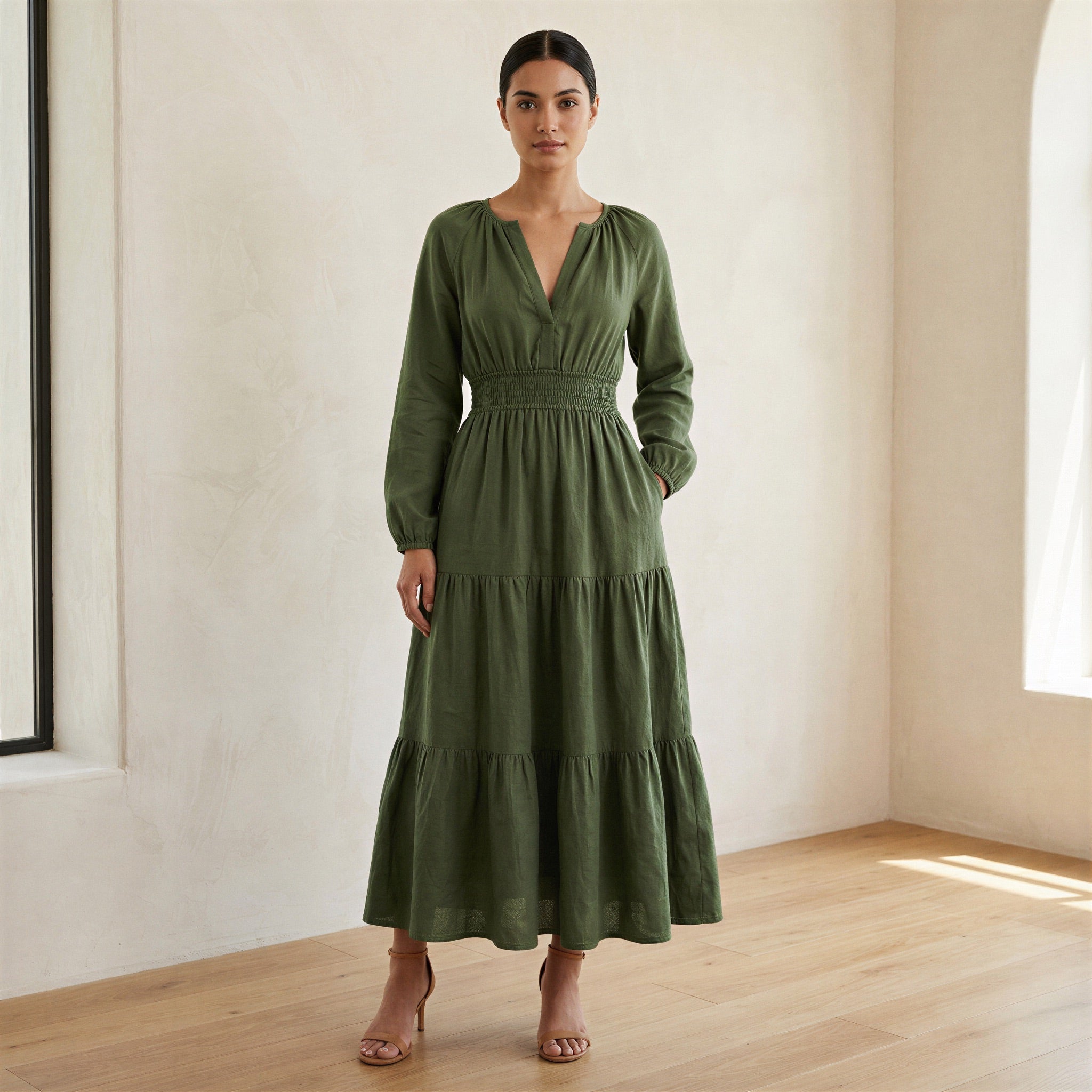 forest green fit and flare dress Cotton Maxi Tier Festival Dress