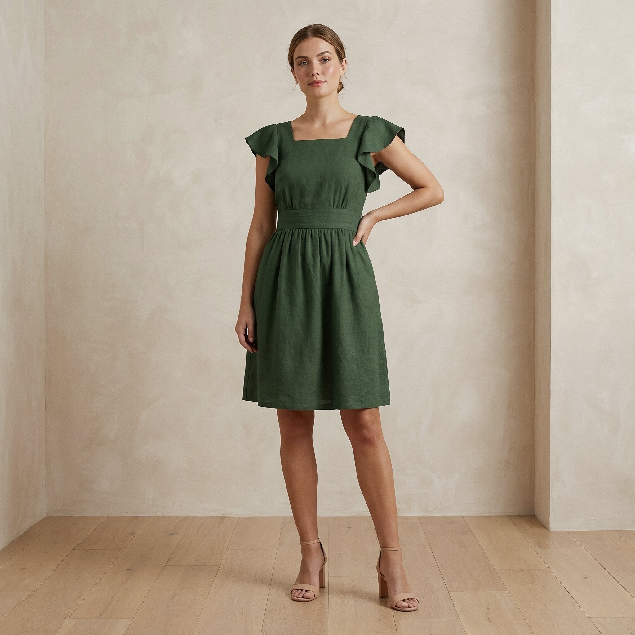 forest green knee length dress Cotton Open-Back Fit and Flare knee length casual green dress