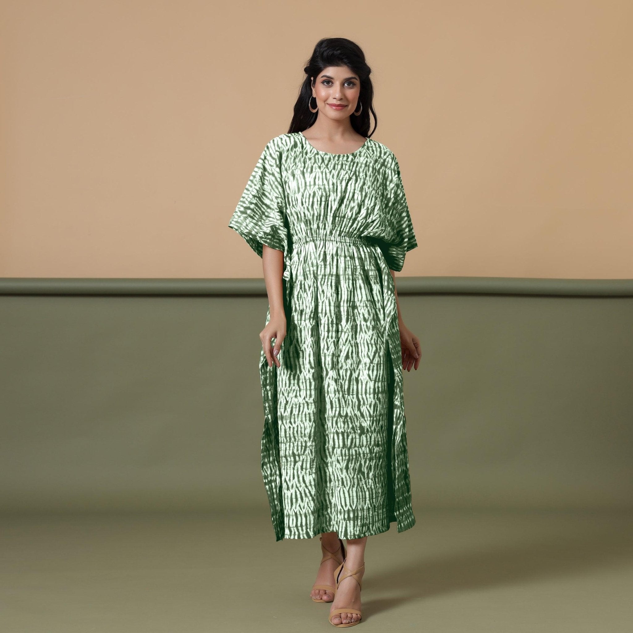 Multicolor - Shibori Tie-Dye Cotton Kaftan with Tie-Up Waist (Medium)