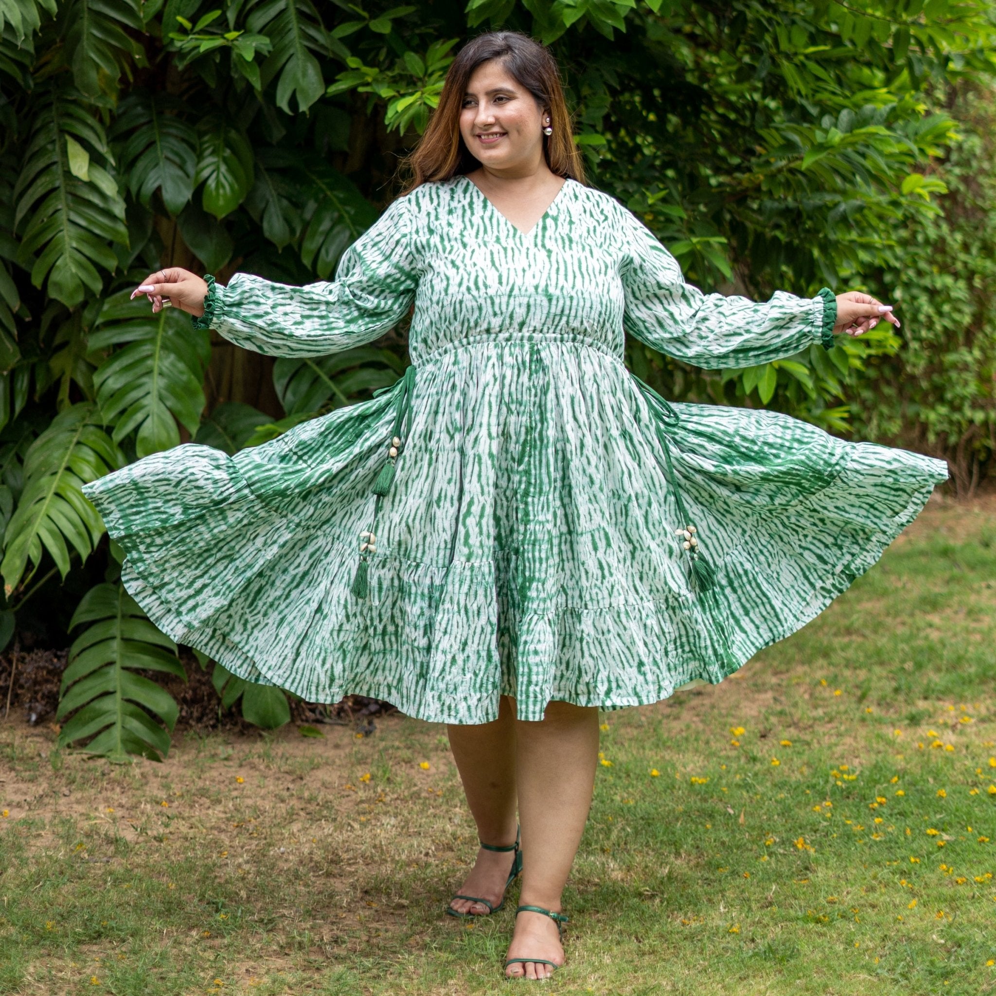 Forest Green Tie-Dye Cotton Bohemian Knee Length Gathered Dress 56