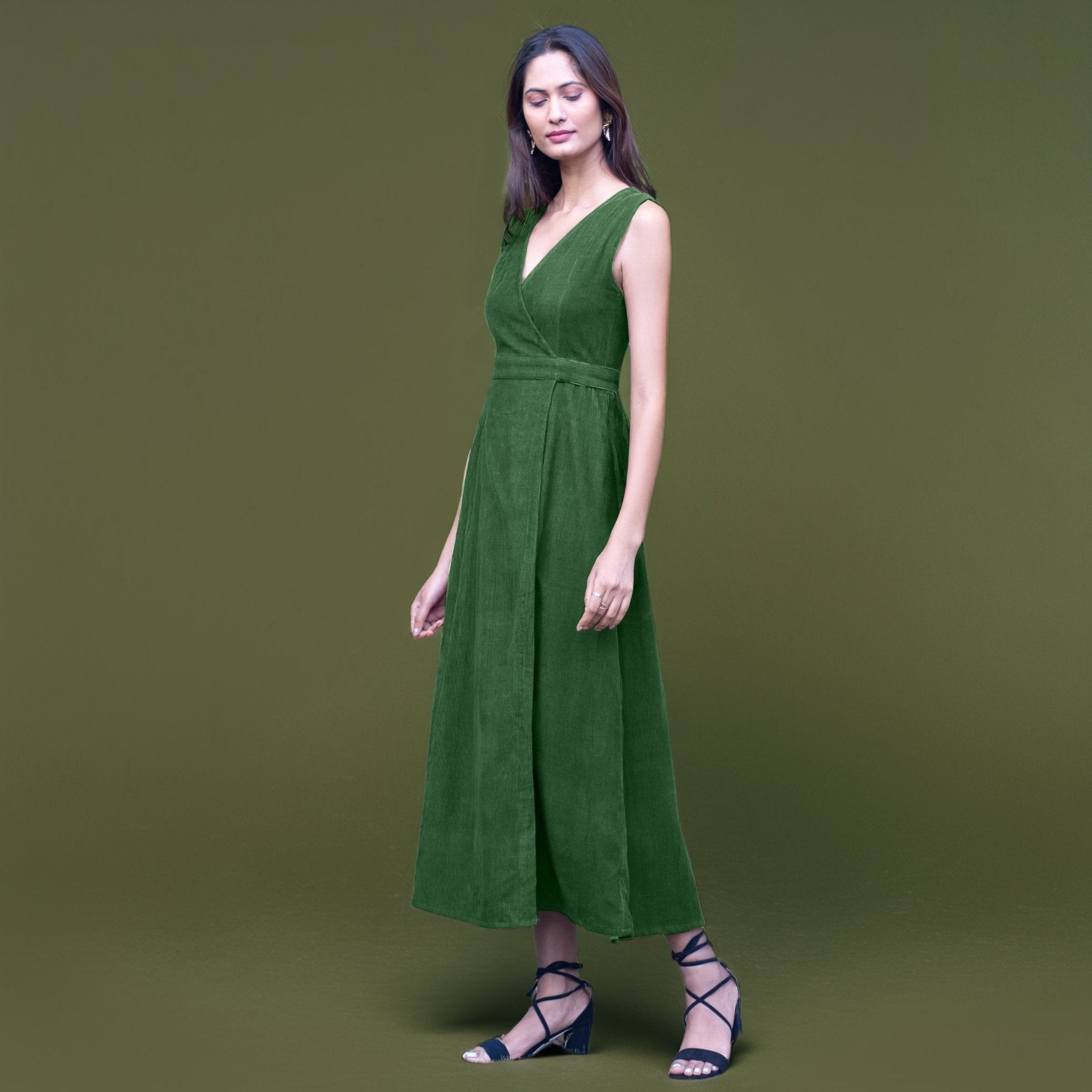 green corduroy midi dress Forest Warm Cotton Sleeveless Wrap 48