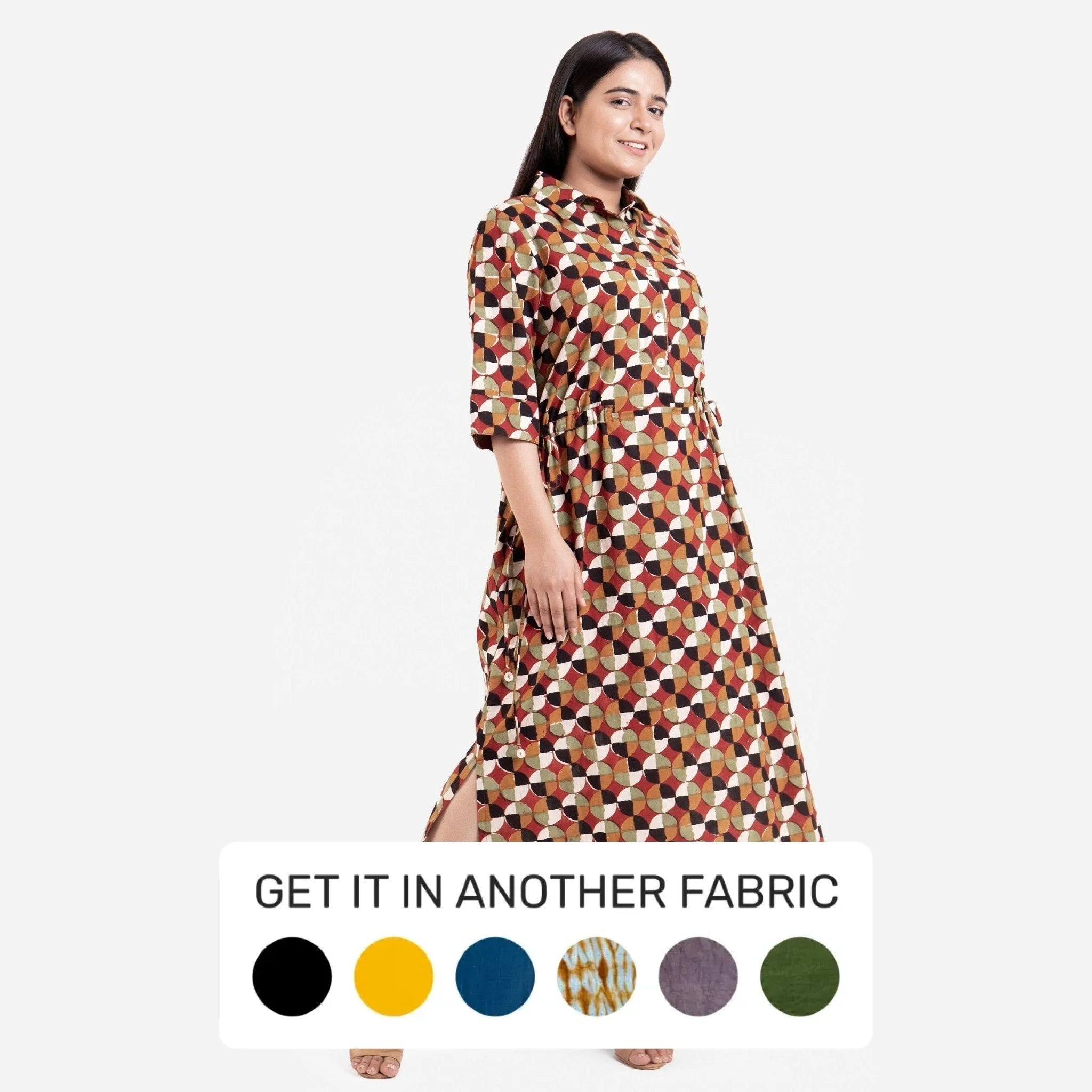 cotton block print maxi dress Geometric Cotton Block Printed Tie-up Maxi Shirt Dress