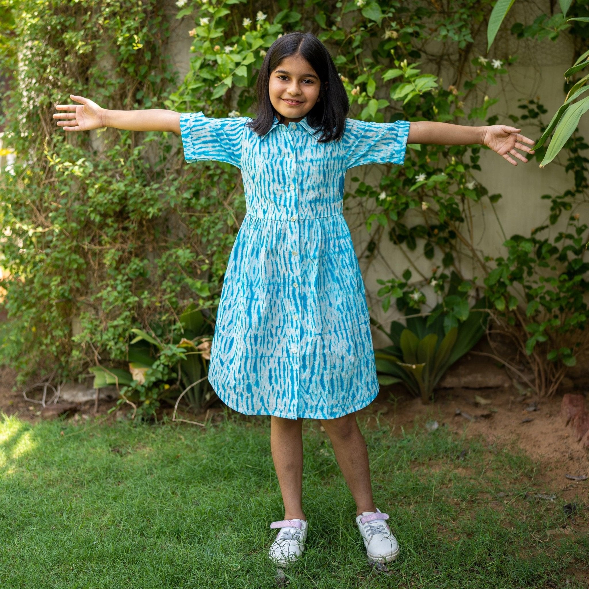 Girls - Ocean Blue Tie-Dye Cotton Gathered Knee Length Shirt Dress Custom Size (Free) / 3'5" - 3'9" Girls - Ocean Blue Tie-Dye Cotton Gathered Knee Length Shirt Dress Custom Size (Free) / 3'5" - 3'9"