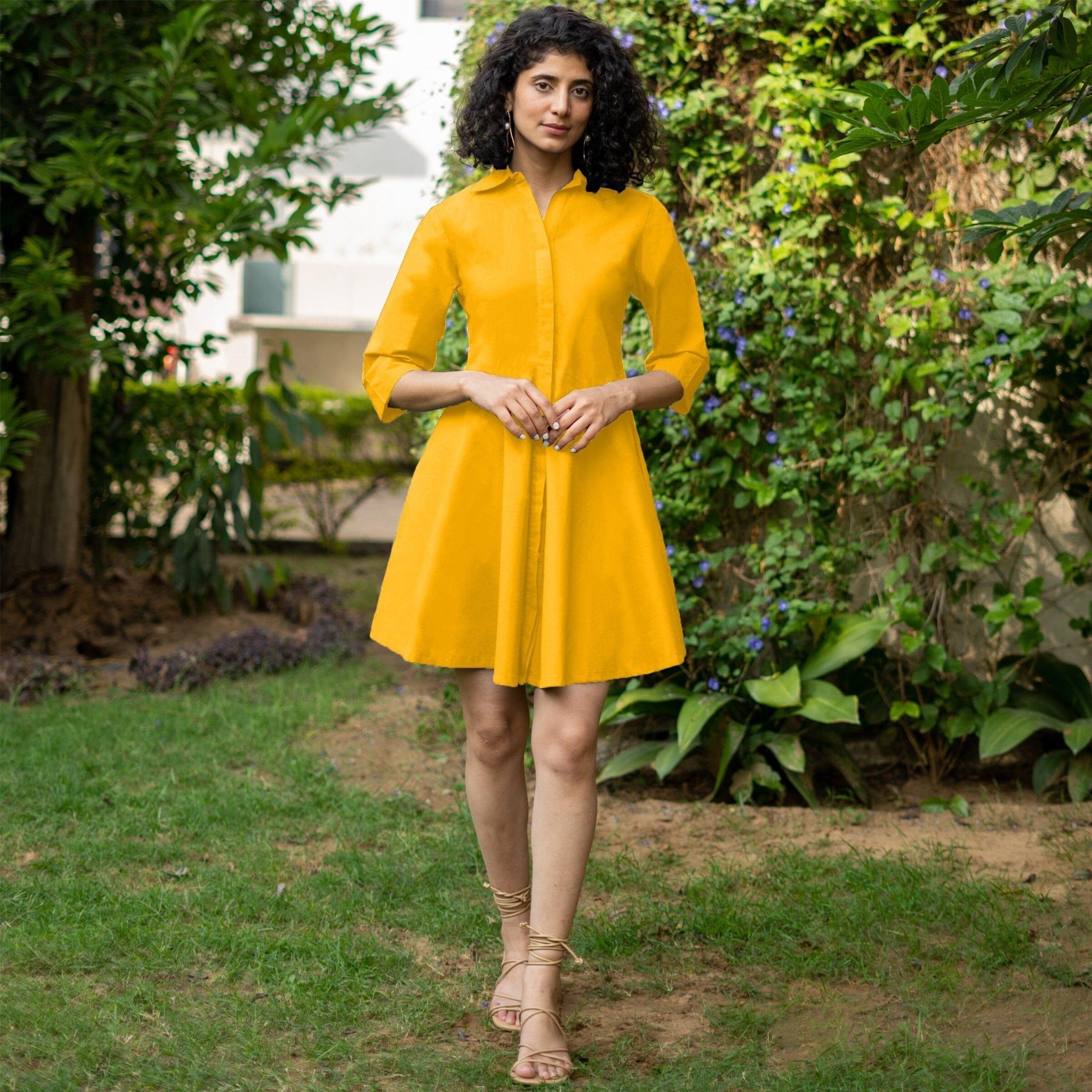 Golden Yellow Cotton Poplin Fit and Flare Short Button-Down Shirt Dress 26