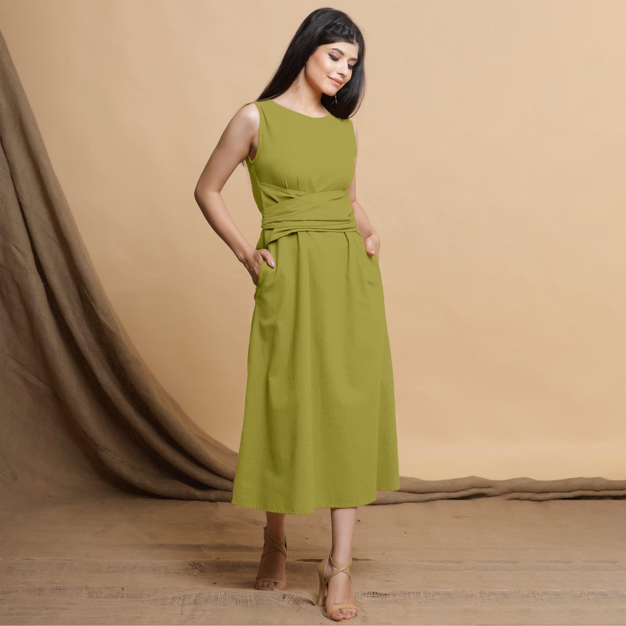 Green - Flex Cotton Plain Dress 12
