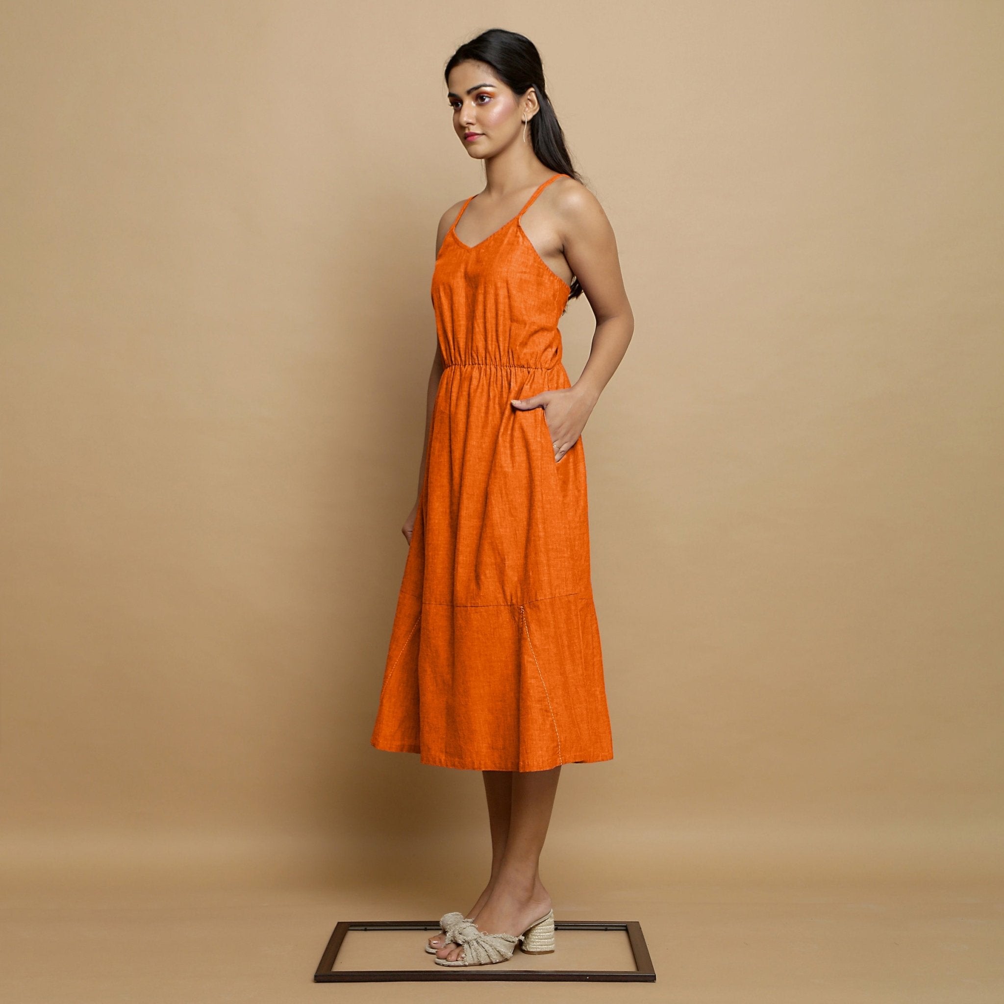 Buy Hot Orange Cotton Poplin Elasticated Midi Cami Dress Online at  SeamsFriendly