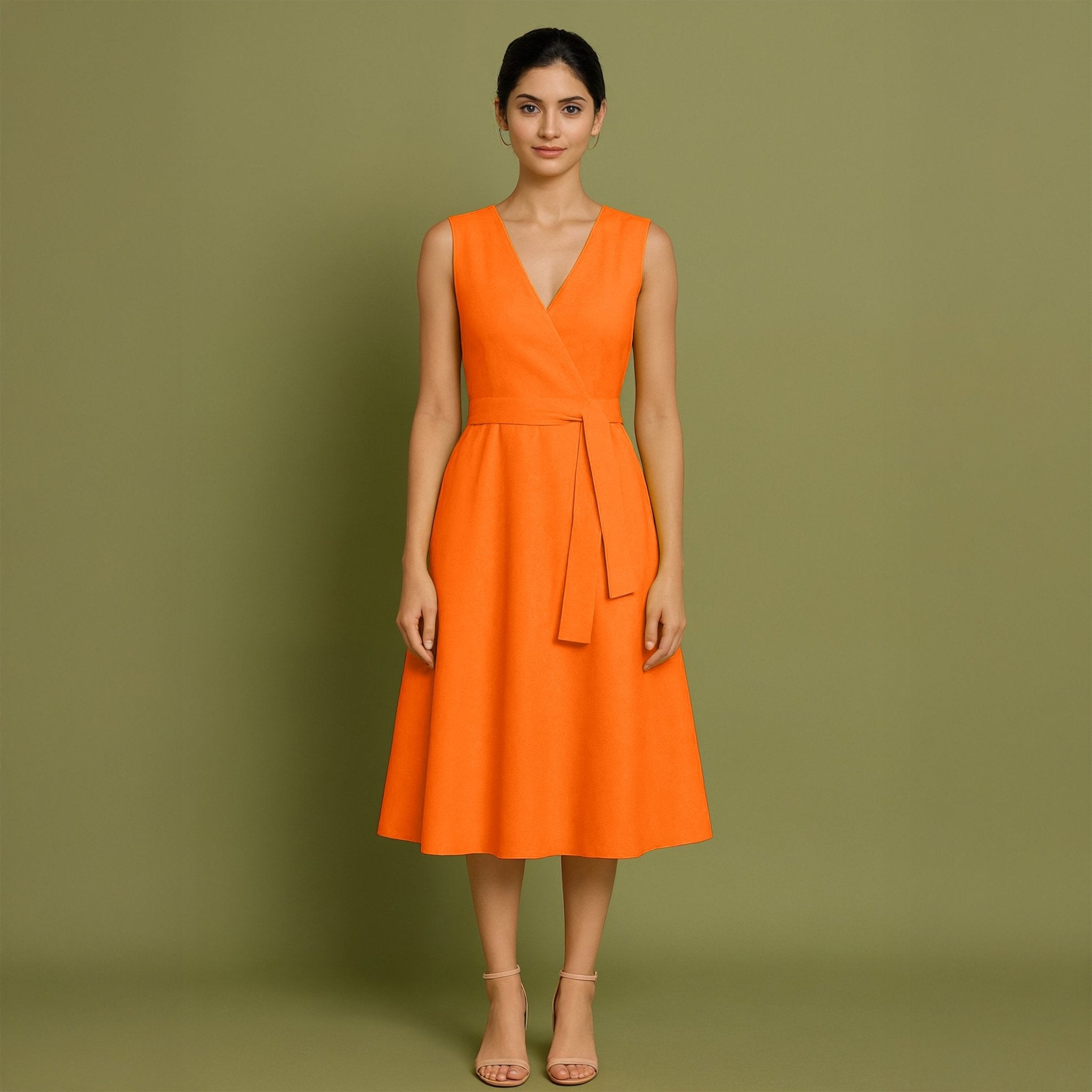 Hot Orange Cotton Poplin Fit and Flare Sleeveless Midi Dress 42