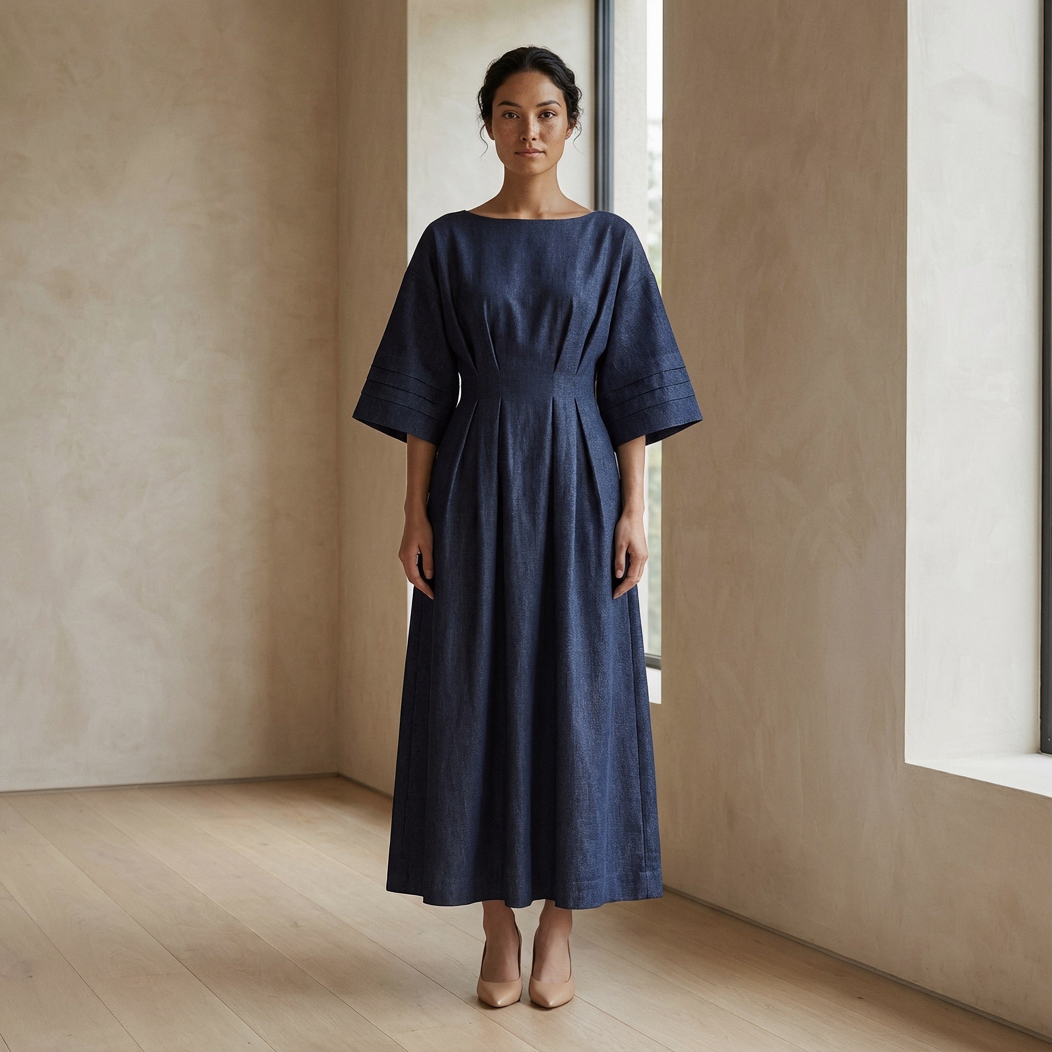 Indigo Cotton Denim Boat Neck Maxi Dress with Kimono Sleeves 64
