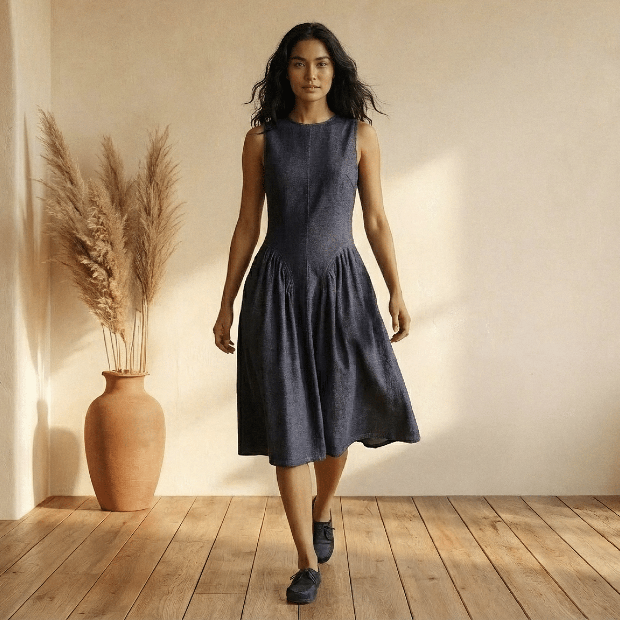 Indigo Cotton Denim Paneled Sleeveless Knee Length Dress 30
