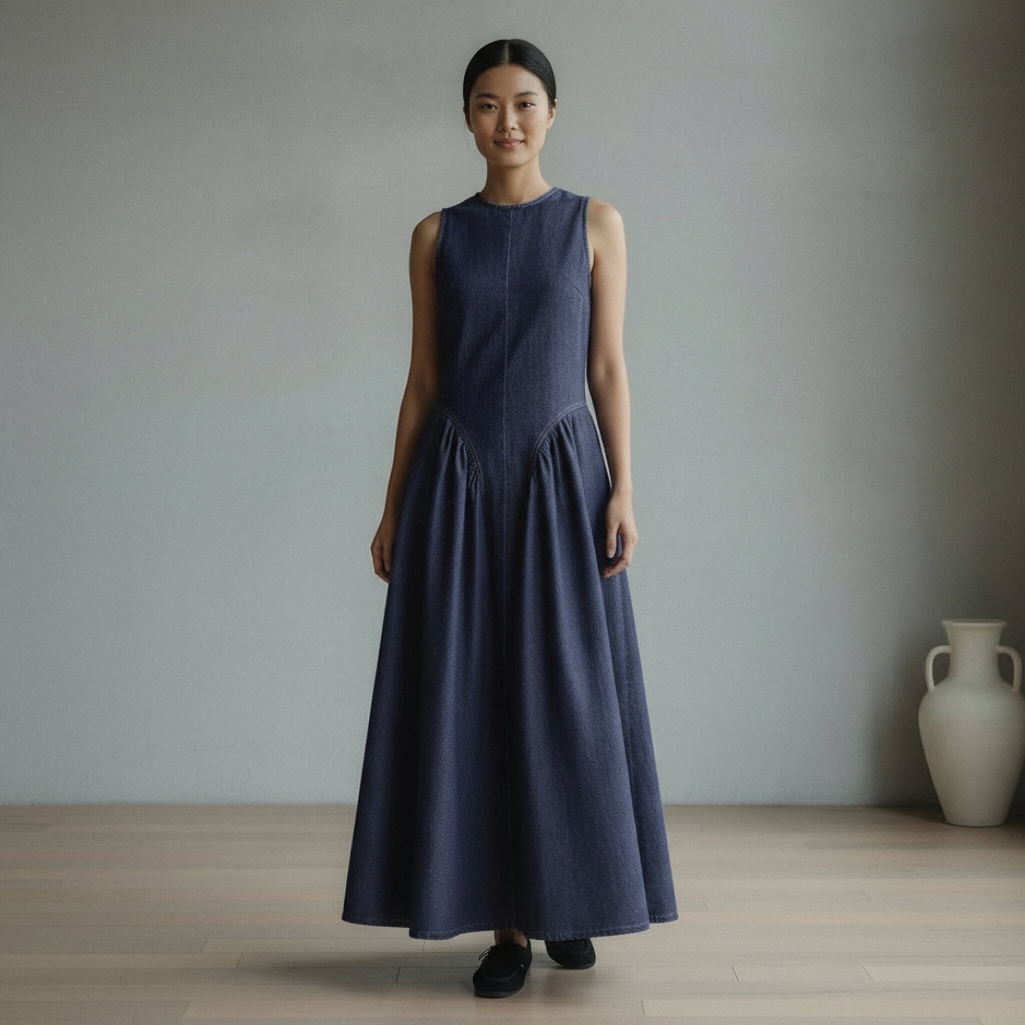 Indigo Cotton Denim Paneled Sleeveless Maxi Dress 54