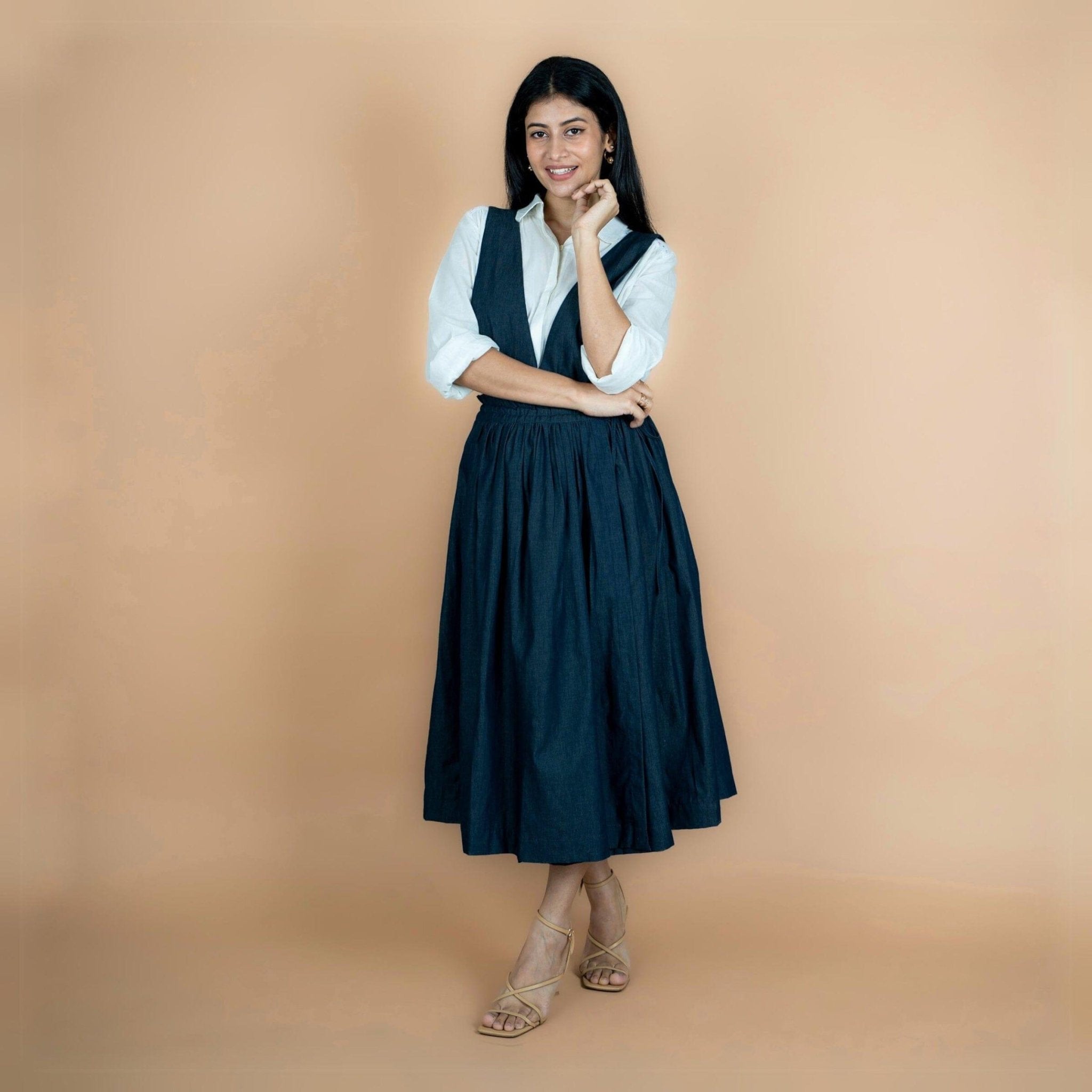 denim pinafore dress cotton on Women Denim Jumper Dress with Adjustable Ties Button Front Pocket Denim Bib Overall Cotton Jean Maxi Pinafore Dress