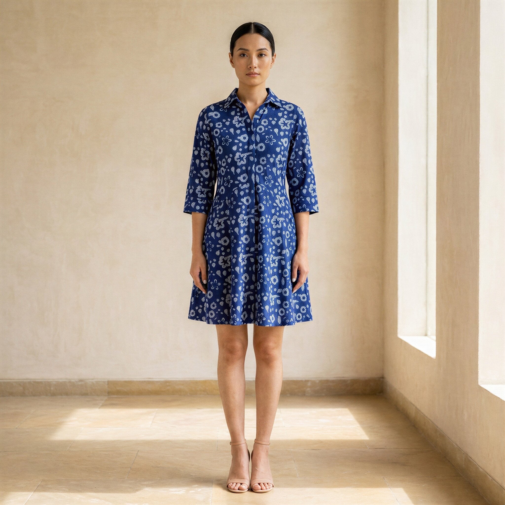 Buy Indigo Floral Block Print Cotton Fit and Flare Button-Down Short Shirt  Dress Online at SeamsFriendly