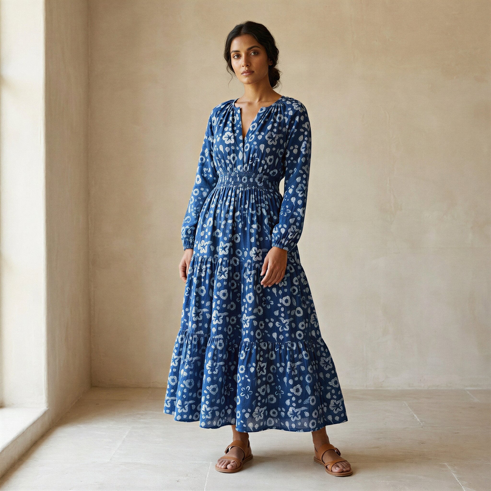 block print maxi dress Indigo Floral Cotton Fit and Flare Tier 58