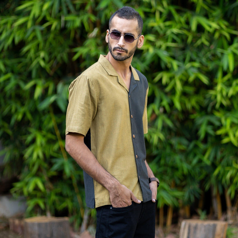 Khakhi Green and Black Color Block Handspun Cotton Half Sleeve Shirt