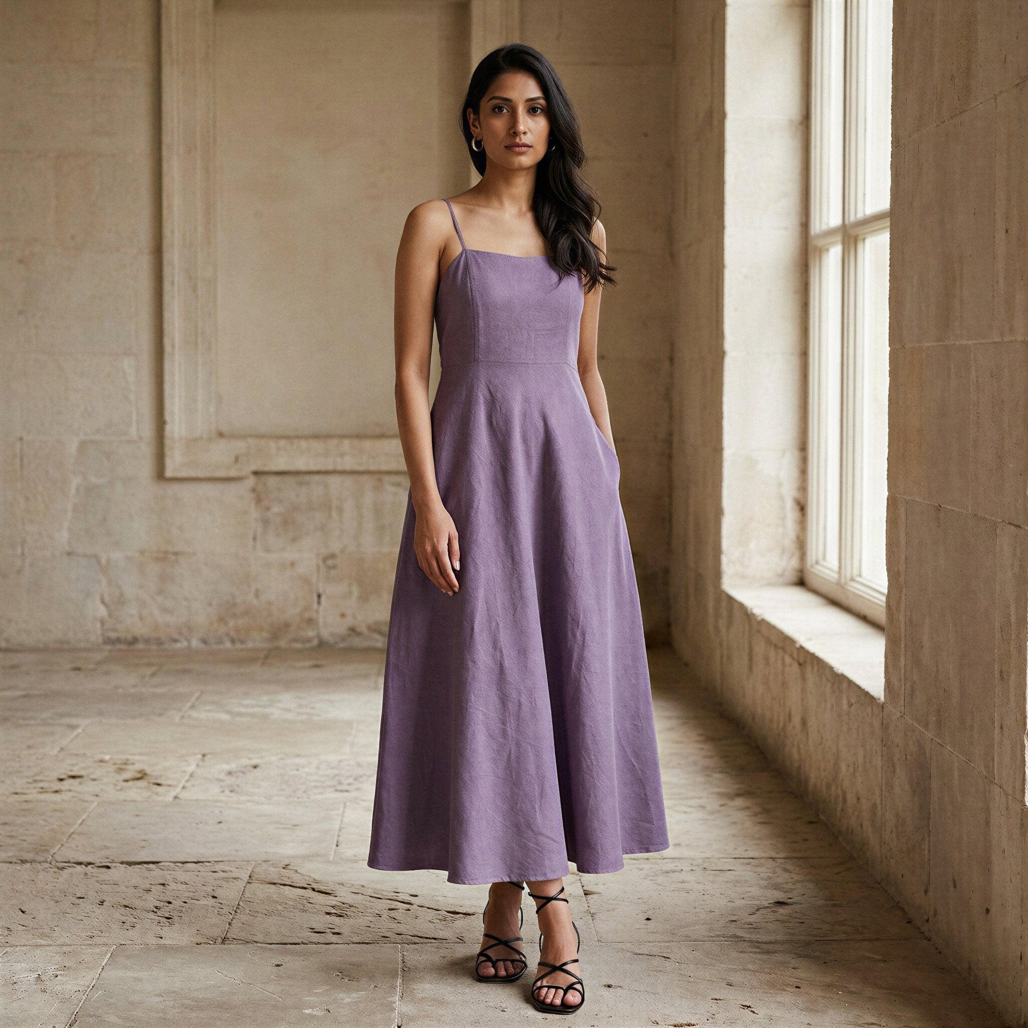 Lavender Cotton Linen Ankle Length Flared Sundress 28