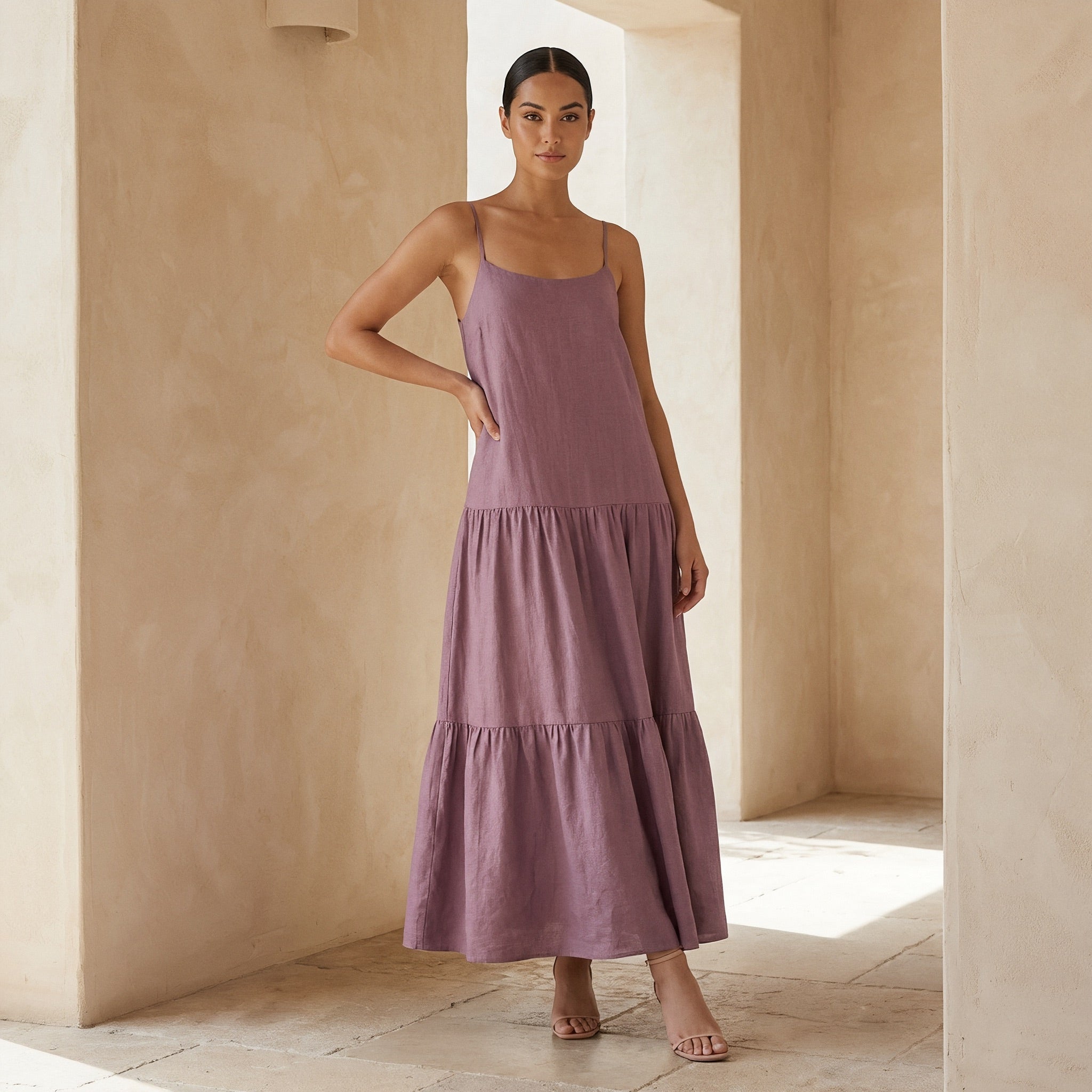 lavender drop waist dress Cotton Linen Drop-Waist Camisole Maxi Tier watercolour dress Size medium measures 24.75 Dusty Blue Bridesmaid Navy Size:32x32