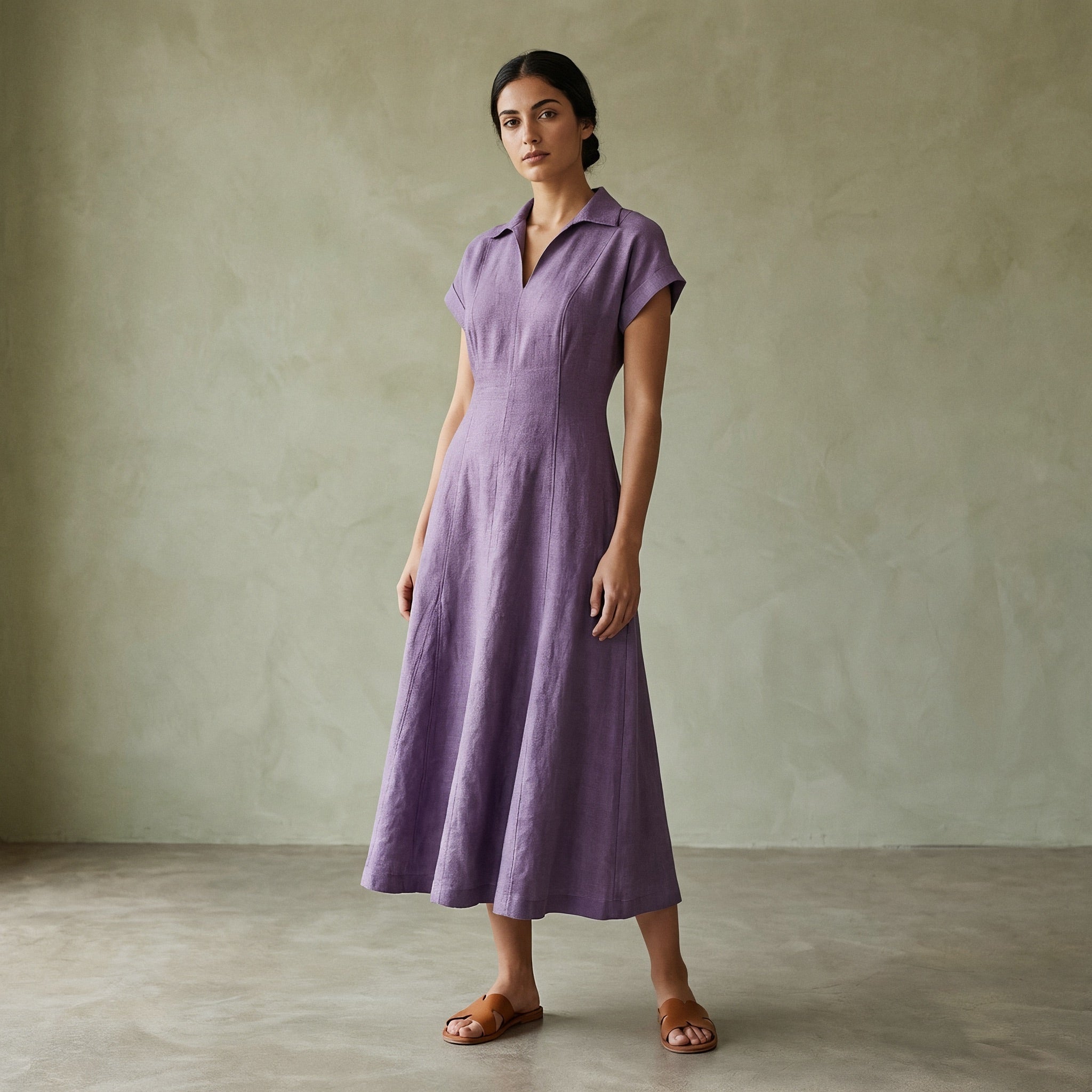 Lavender Cotton Linen Paneled A-Line Midi Dress 50