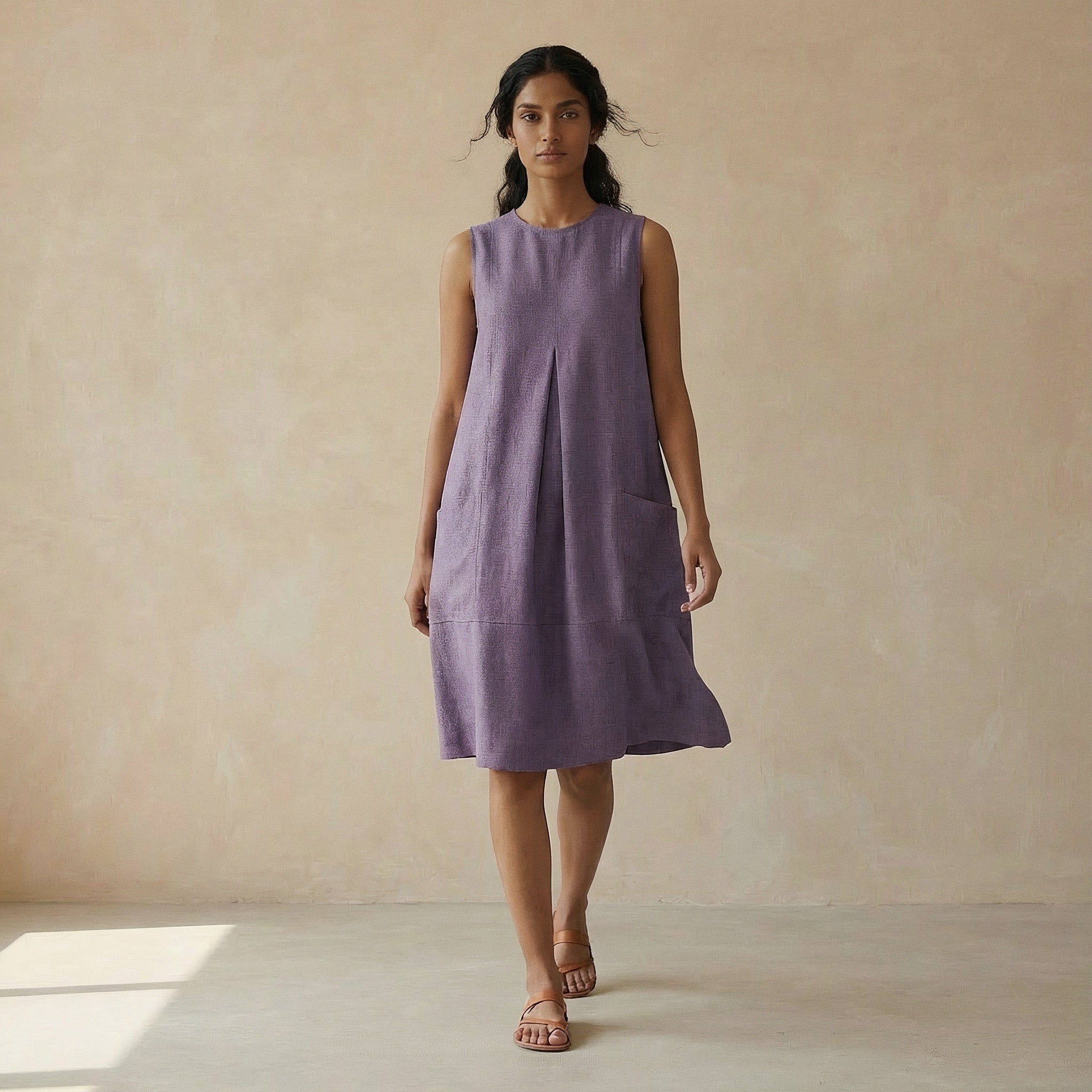 Lavender Cotton Linen Sleeveless Paneled Swing Dress 26" / Custom Height (Free)