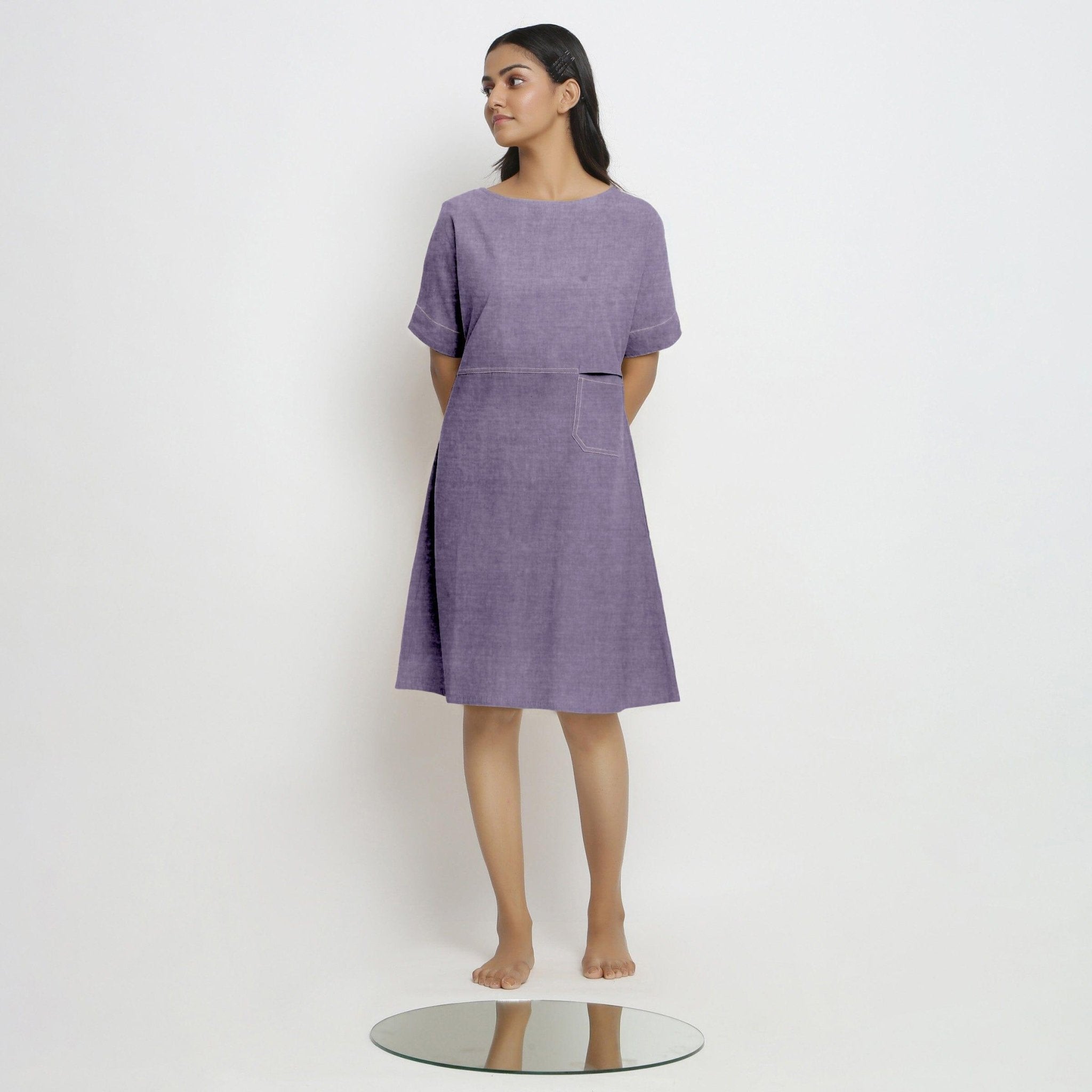 Lavender Cotton Linen Yoked Knee Length Shift Dress 68