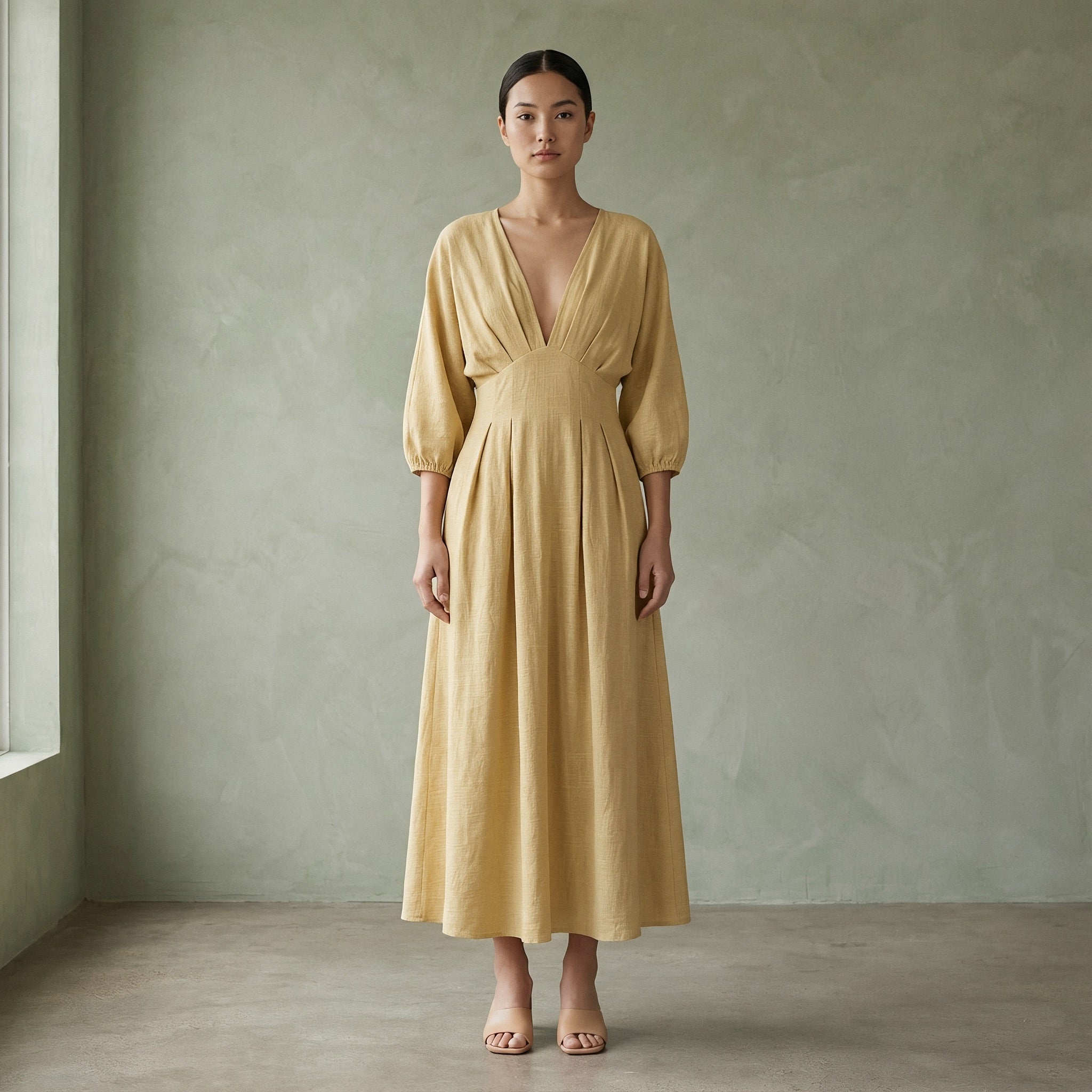 Buy Light Yellow 100% Cotton Deep-V Neck Empire Waist Maxi Dress Online at SeamsFriendly Buy Light Yellow 100% Cotton Deep-V Neck Empire Waist Maxi Dress Online at SeamsFriendly