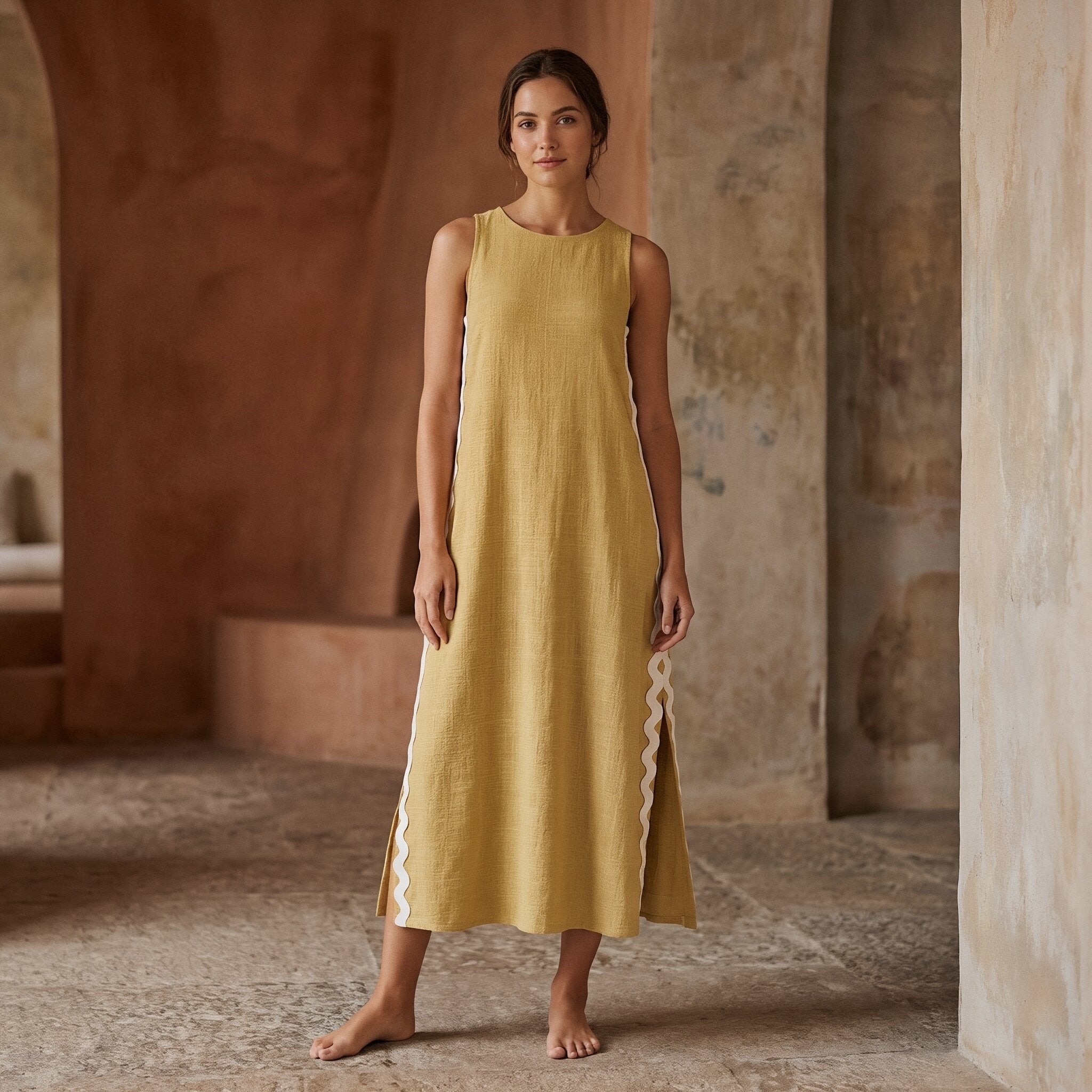 Light Yellow Yarn-Dyed Cotton Wavy Stripe Maxi Shift Dress 34