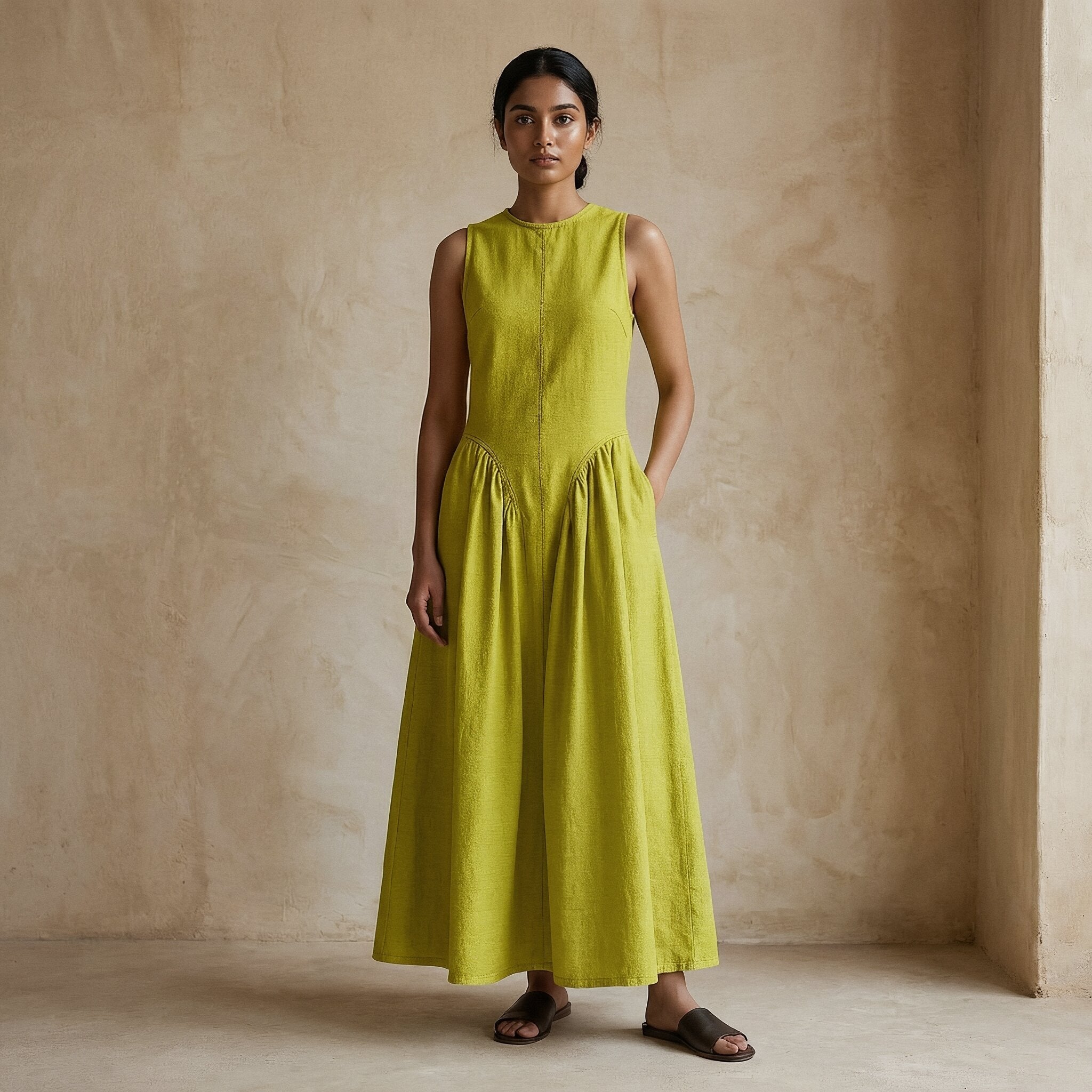 Buy Lime Green Cotton Flax Sleeveless Paneled Maxi Dress Online at SeamsFriendly