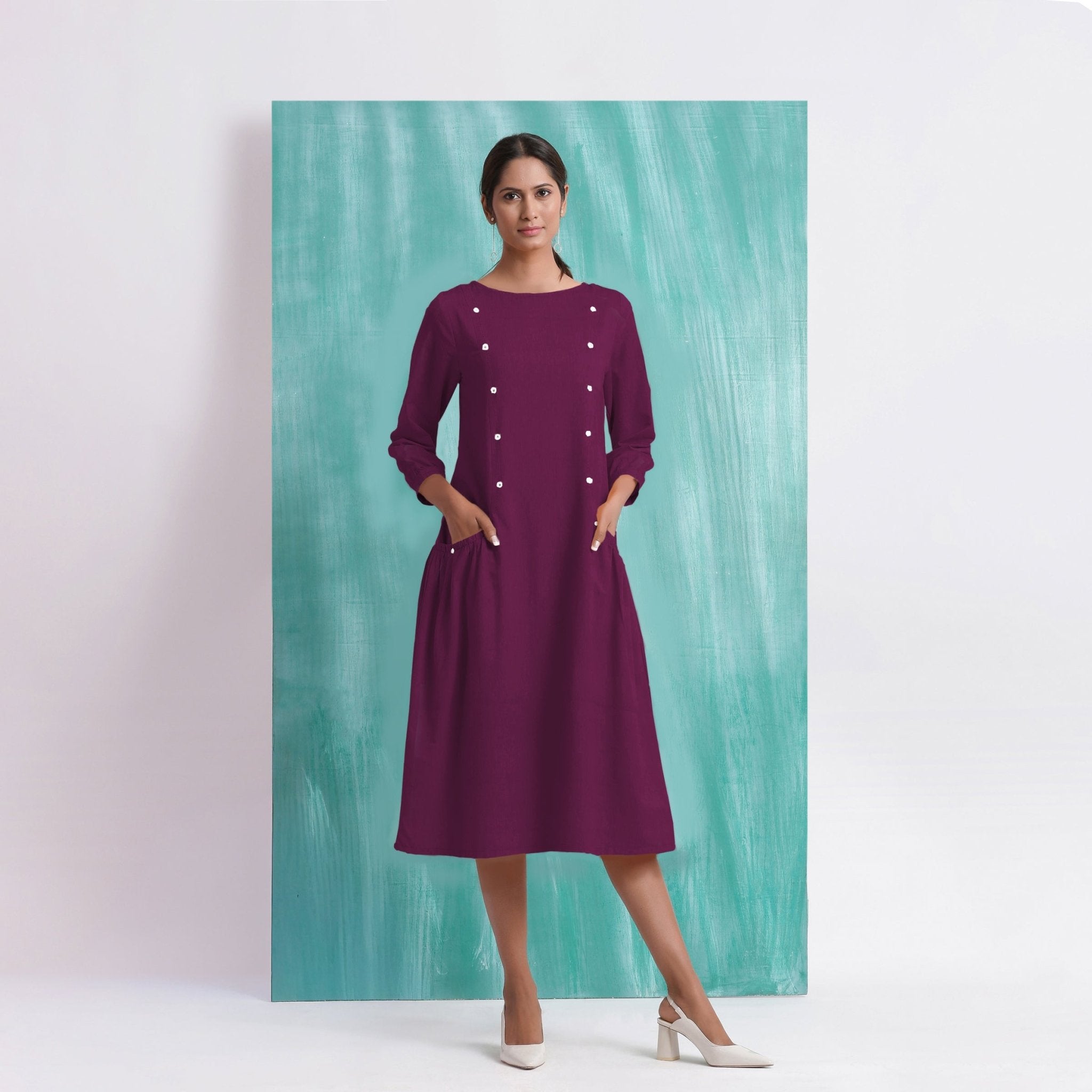 Magenta Mirror Work Embroidered Cotton Paneled Midi Dress 70